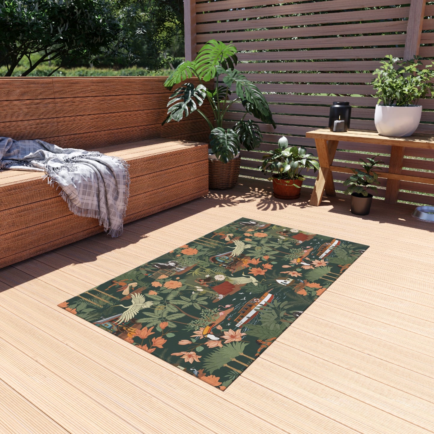 Tropical Nomad Jungle Pattern Outdoor Rug | Botanical Palms & Birds Pattern Patio Deck Rugs