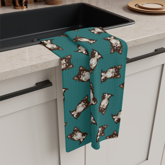 Long Haired Chihuahua Dog Kitchen Hand Towel Microfiber Teal Tea Towel with Fluffy Puppy Dogs Pattern