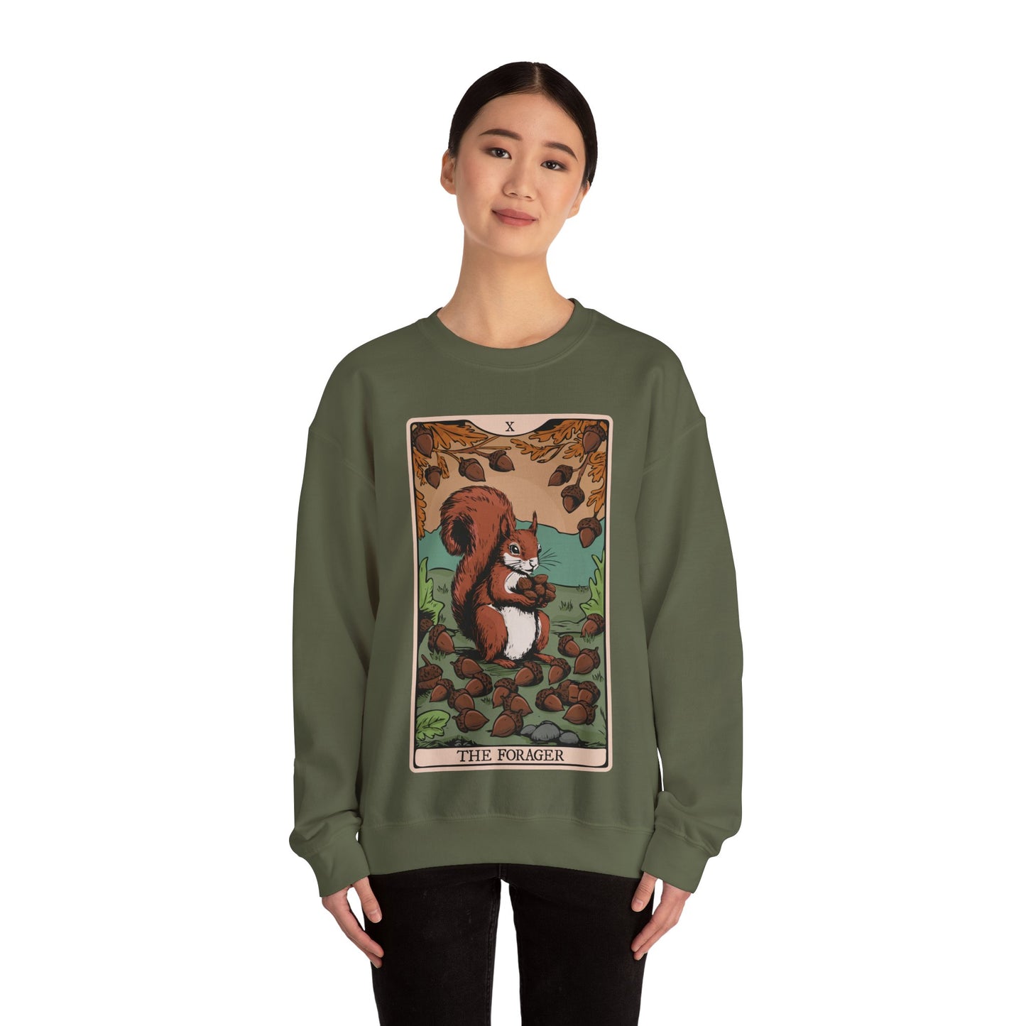 The Forager Squirrel Tarot Card Crewneck Sweatshirt, Long Sleeve Pullover Sweatshirts with Nut Foraging Squirrels Tarot Cards Print