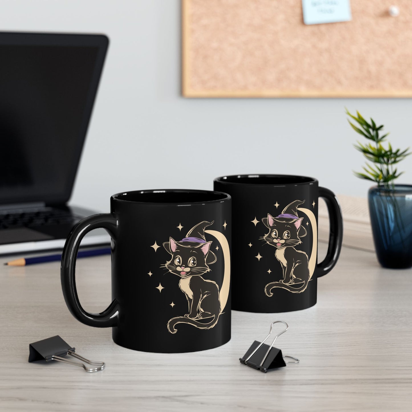 Witchy Kitty Black Ceramic Coffee Mug (11oz, 15oz) with Halloween Black Cat with Witch Hat & Moon Print