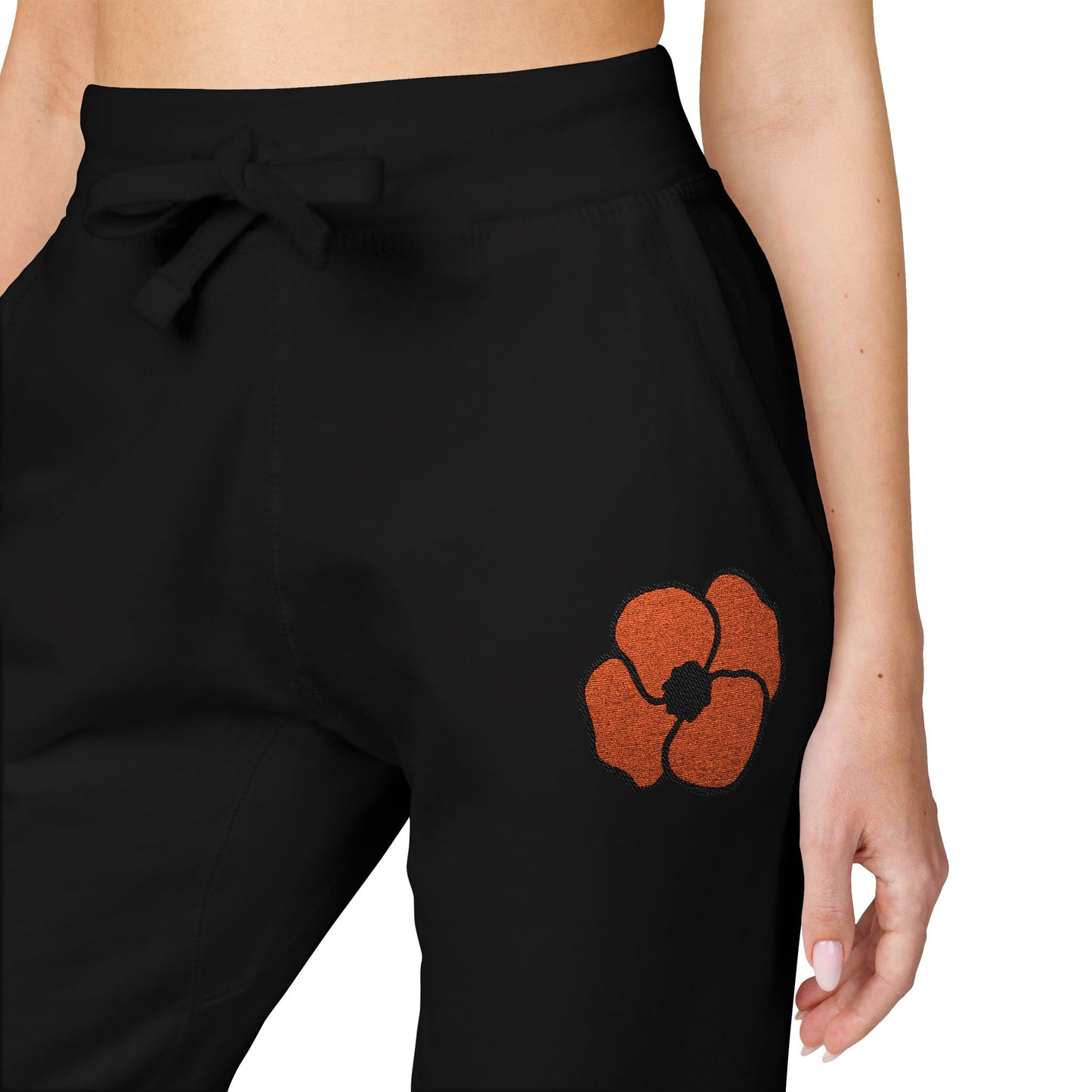 Embroidered Poppy Fleece Sweatpants, Floral Lounge Pants, Casual Flower Joggers, Cozy Embroidery Bottoms, Poppies Botanical Activewear