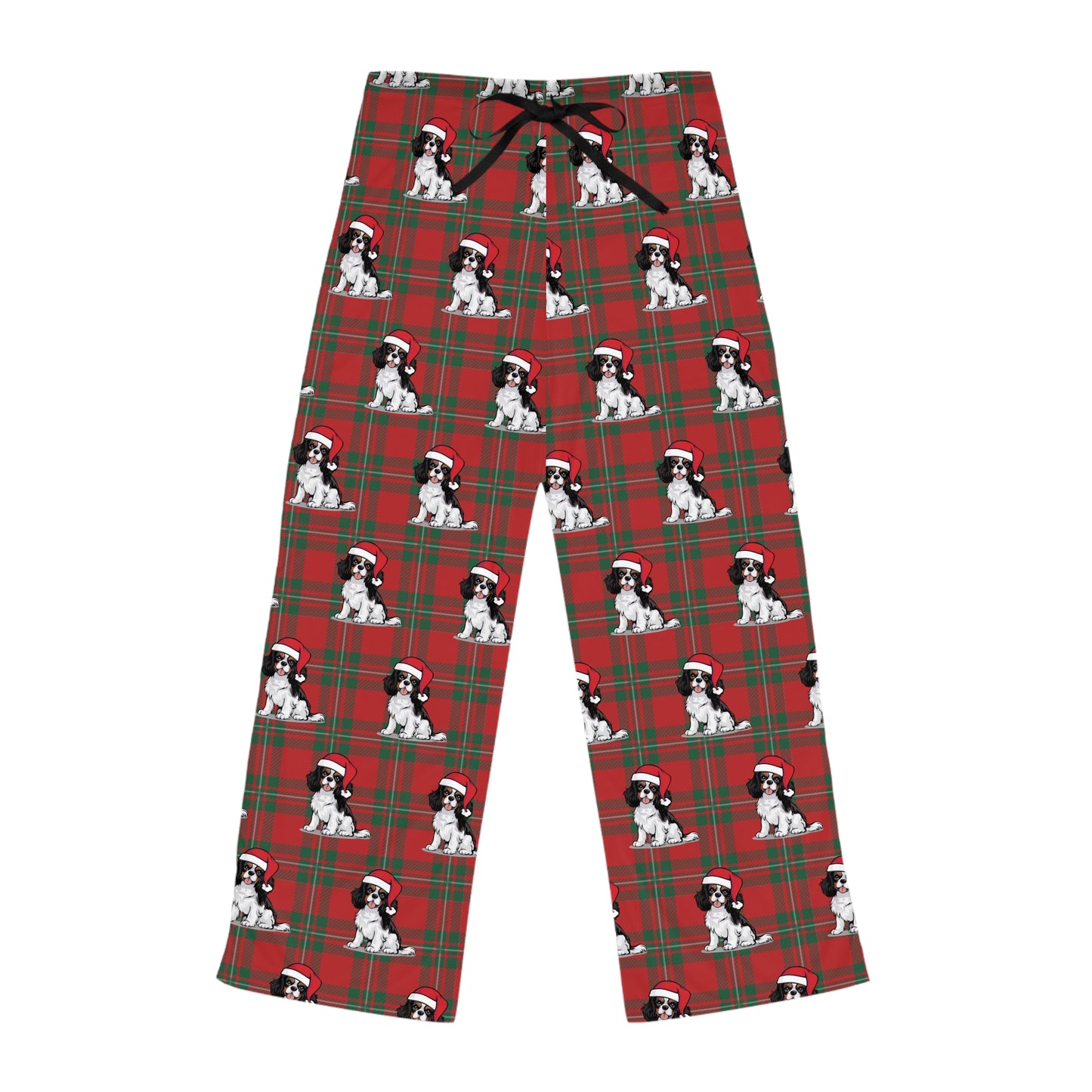 Cavalier King Charles Spaniel Dog  Women's Christmas Pajama Pants, Santa Dogs Red Plaid PJ Bottoms, Winter Loungewear, Holiday Sleepwear