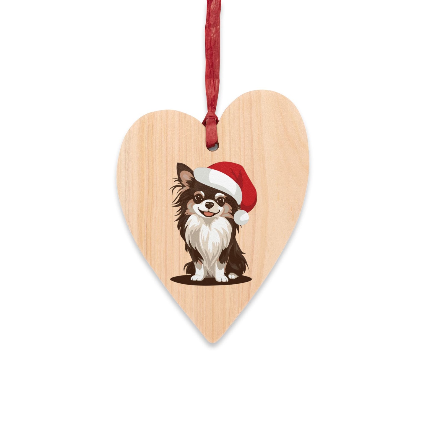 Holiday Long Haired Chihuahua Dog Wooden Christmas Tree Ornaments, Xmas Dogs Santa Hat Oval Or Heart Shape Ornament Seasonal Decor