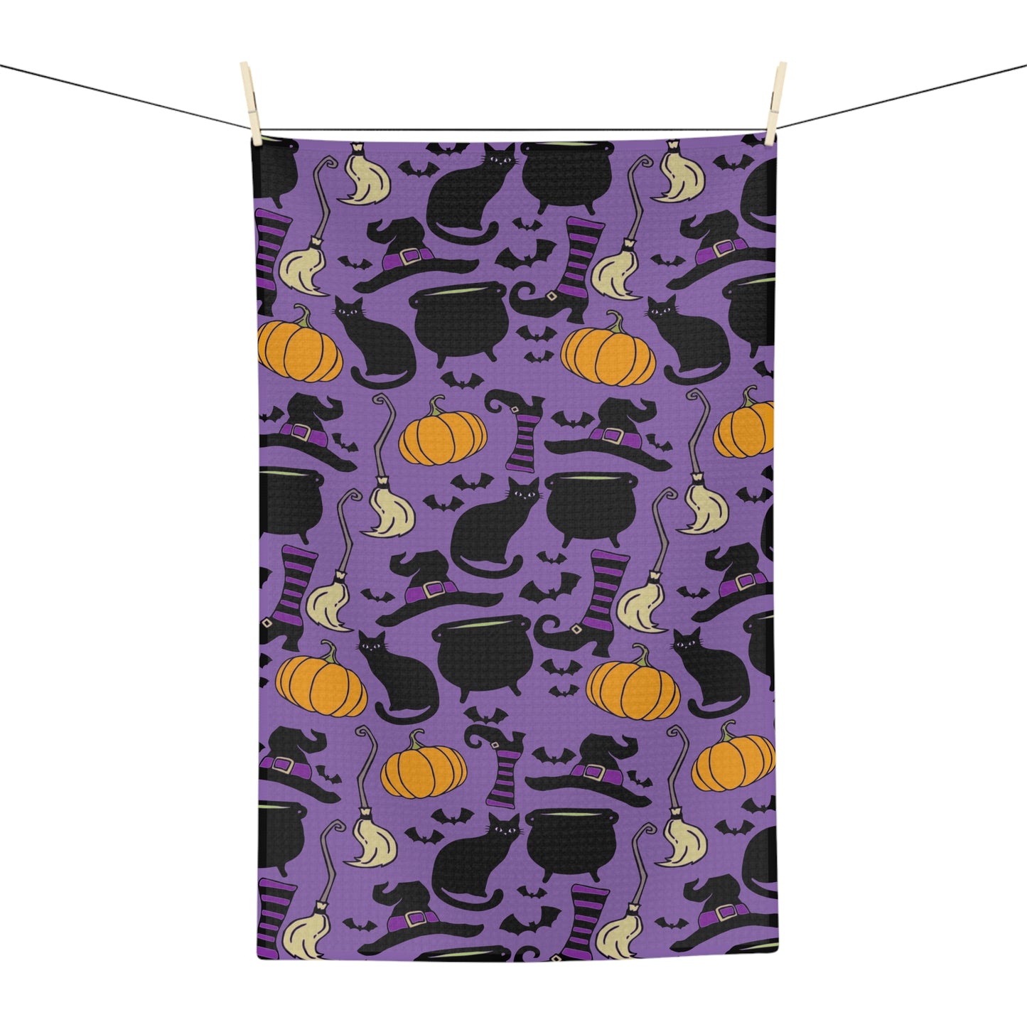 Witchy Things Halloween Kitchen Towel Microfiber Tea Towels with Witch Hats, Brooms, Black Cats, Pumpkins, Bats, Cauldrons