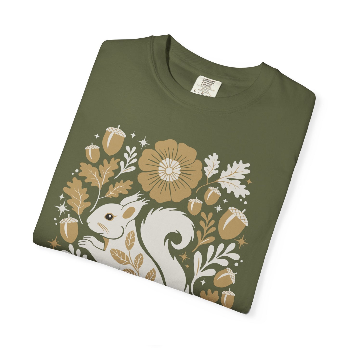 Woodland Squirrel Illustration T-shirt | Floral Acorn Oak Leaf Nature Design Squirrels Tee, 100% Cotton Short Sleeve Shirts