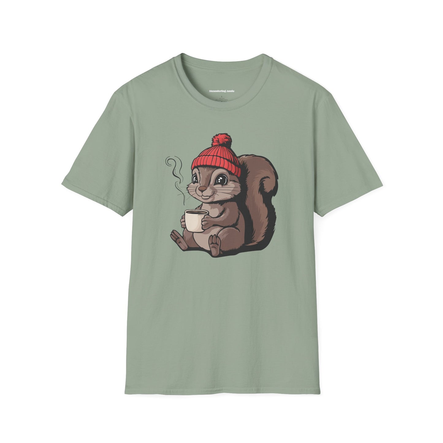 Cozy Squirrel Soft T-shirt Softstyle Tee with Squirrel in Beanie with Cup Of Coffee Graphic Print