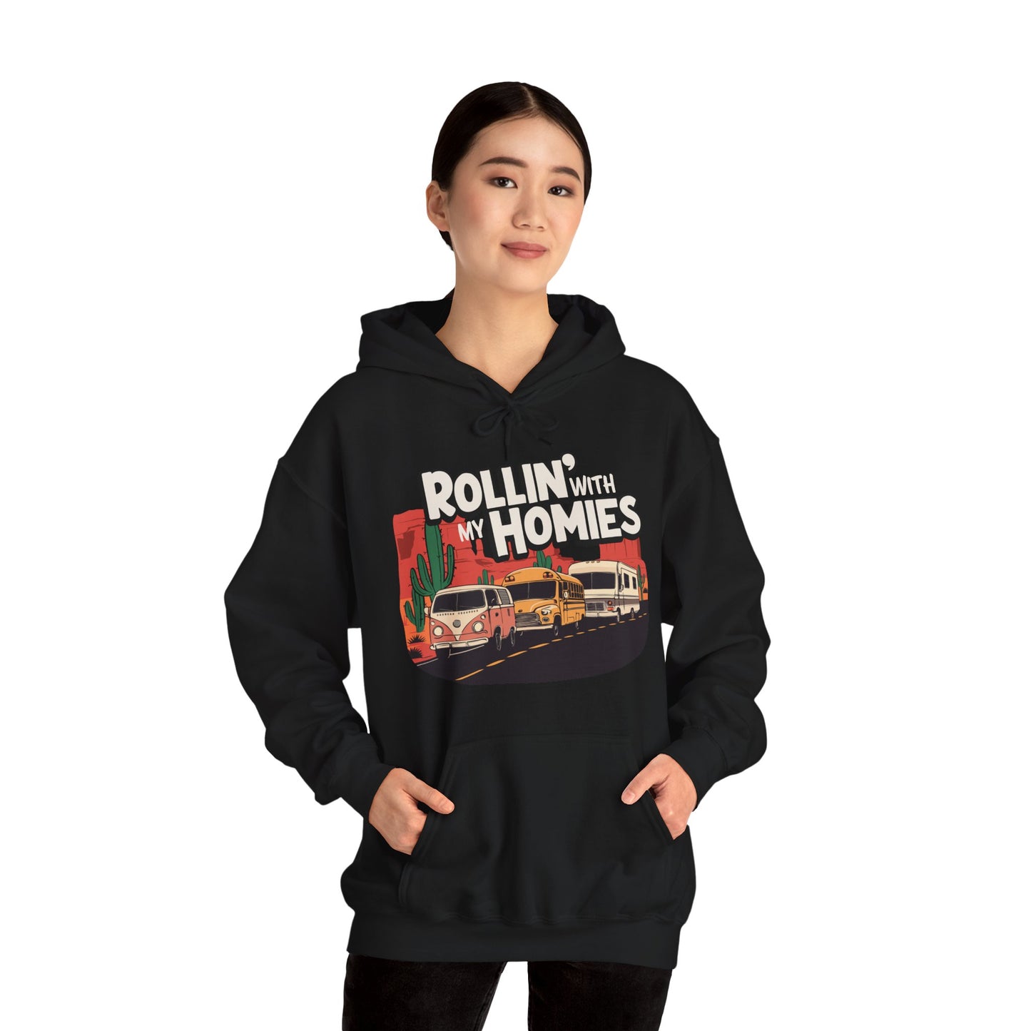 Rollin' With My Homies Hoodie Van Skoolie RV Vanlife Caravan in the Desert Black Long Sleeve Pullover Hoodies Hooded Sweatshirt