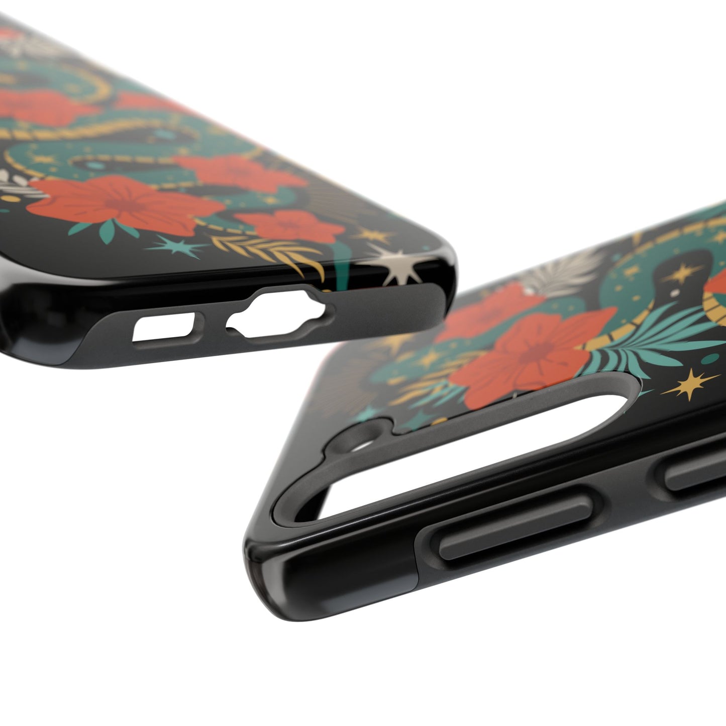 Mystic Snake Cell Phone Case, Black Tough Phone Cases Boho Serpent Snakes Floral Design