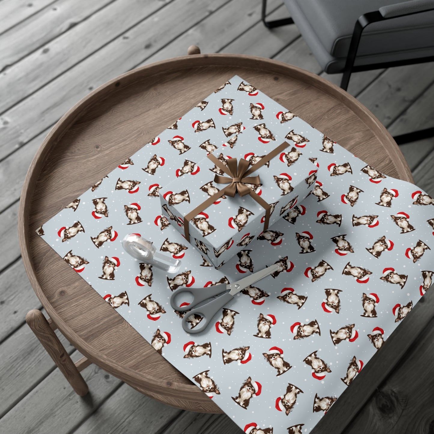 Long Haired Chihuahua Dog Christmas Wrapping Paper, Dogs Print, Cheery Holiday Gift Wrap With Snowy Xmas Puppy In Santa Hat