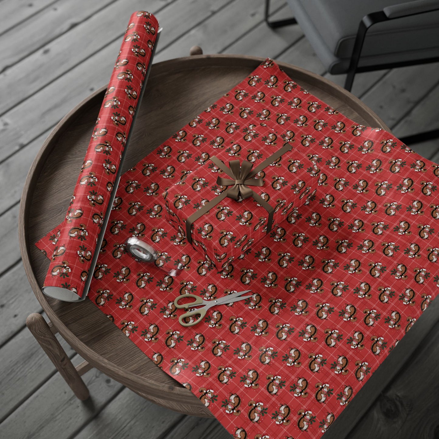 Christmas Squirrel Wrapping Paper, Red Plaid Glossy Holiday Gift Wrap Roll, Xmas Squirrels Festive Winter Gifts Supplies