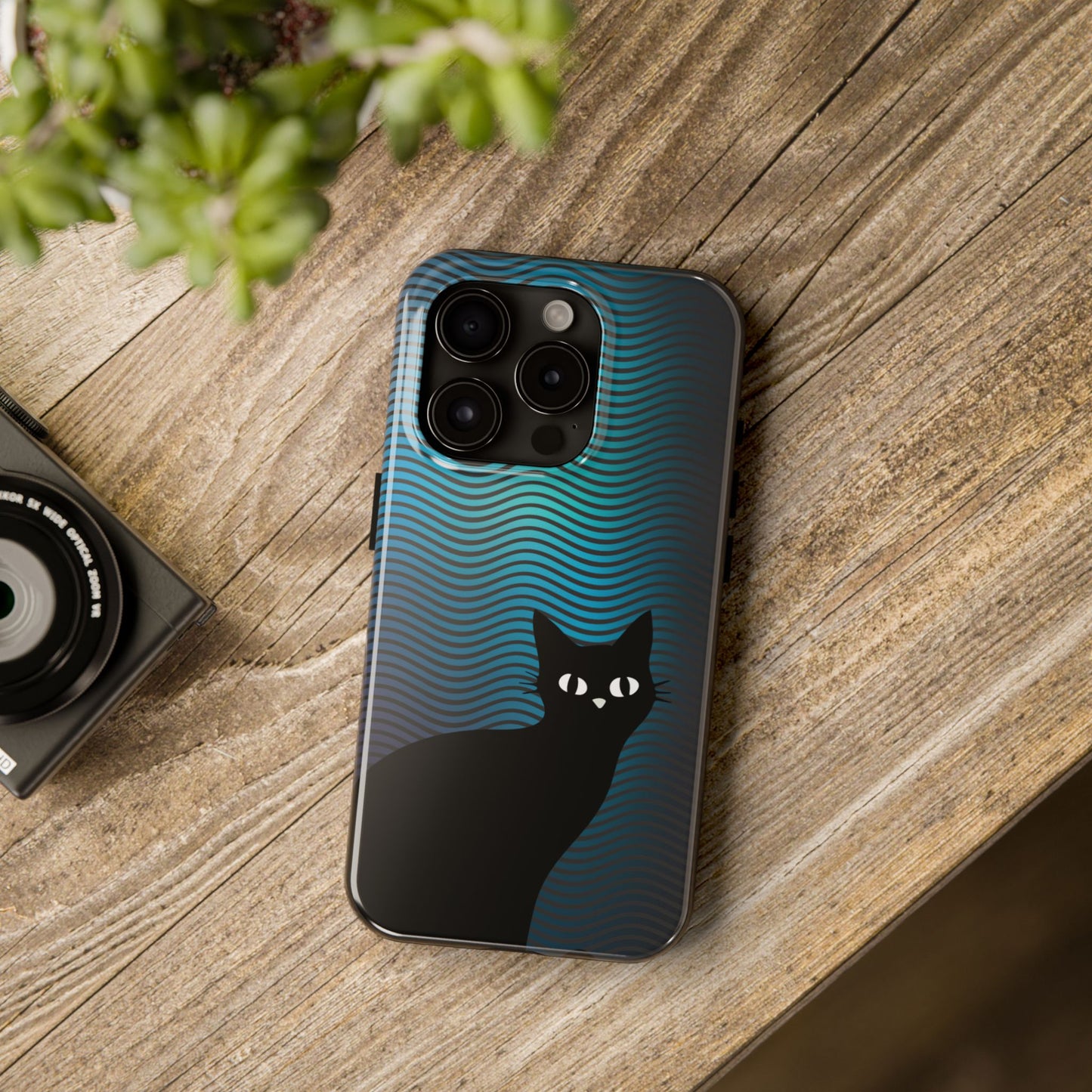 Black Cat Cell Phone Case | Peeking Kitty Graphic on Wavy Teal Background