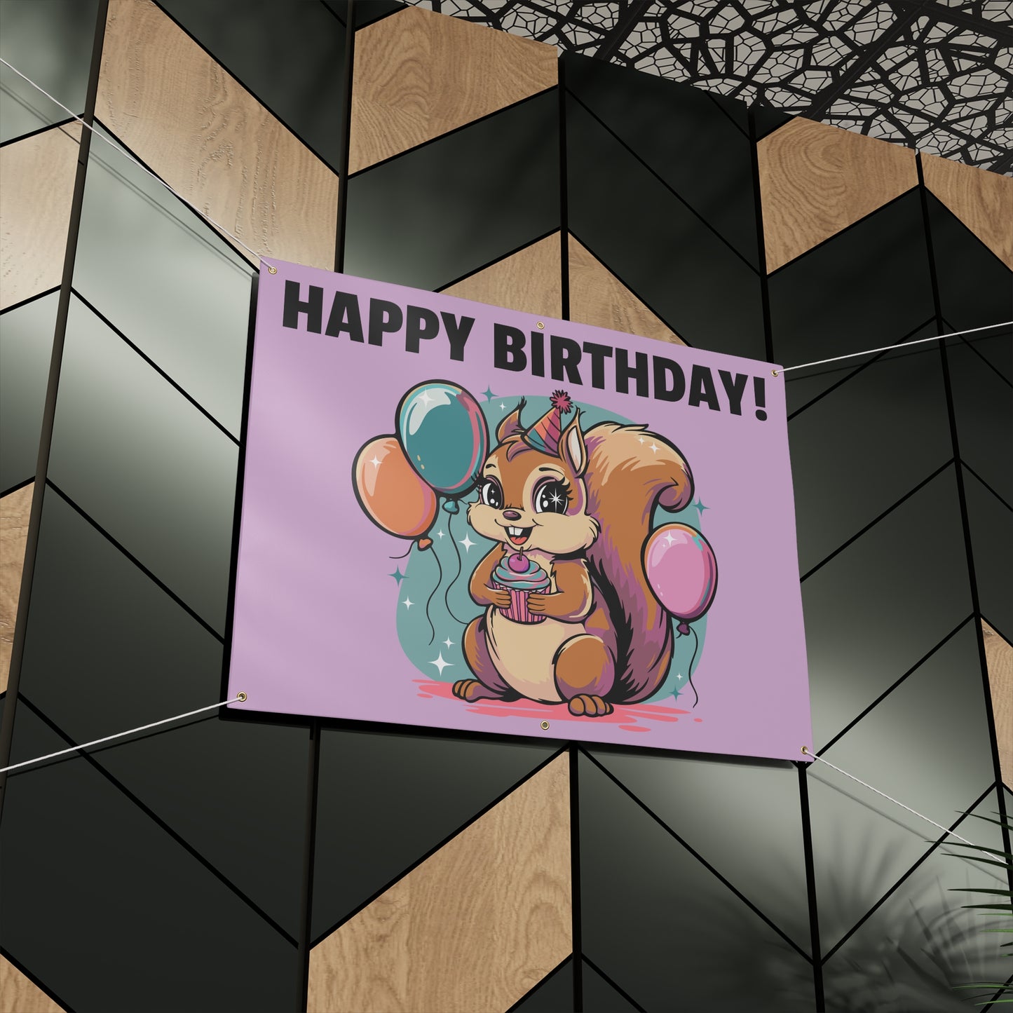 Happy Birthday Party Squirrel Banner Sign Purple Squirrels Balloons Cupcake Celebration Squirrels B-day Banners Decorations