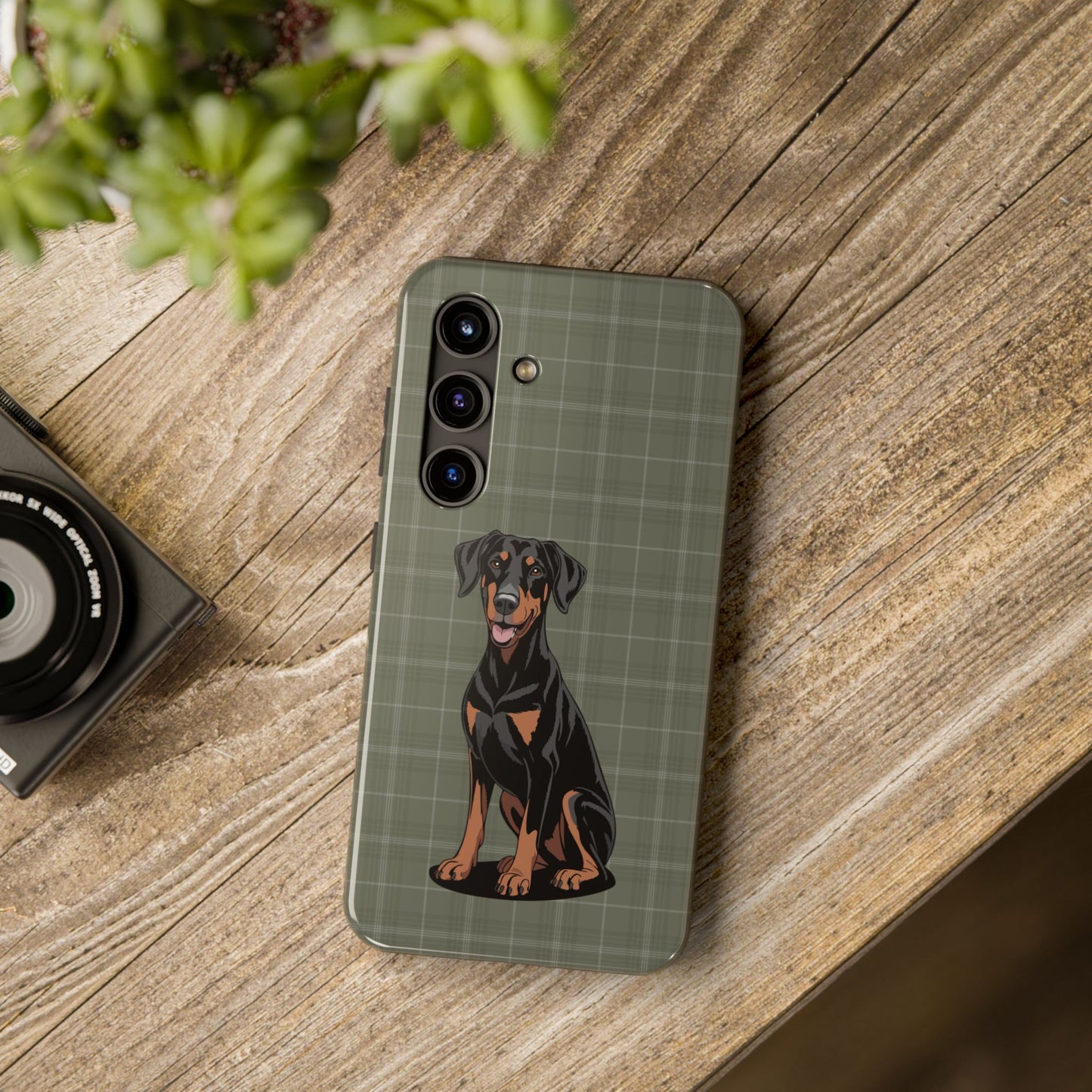 Doberman Pinscher Dog Phone Case, Tough Phone Cases Pet Dogs Green Plaid Pattern