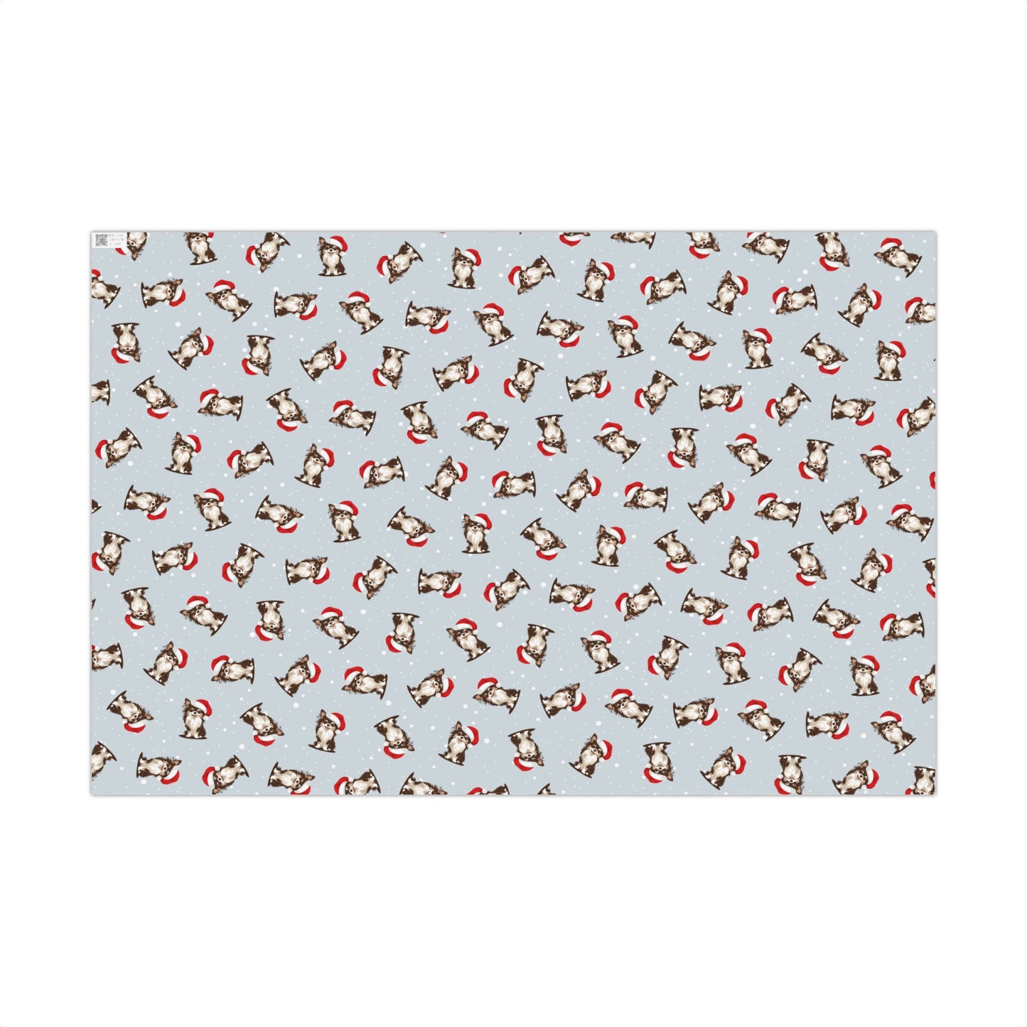 Long Haired Chihuahua Dog Christmas Wrapping Paper, Dogs Print, Cheery Holiday Gift Wrap With Snowy Xmas Puppy In Santa Hat
