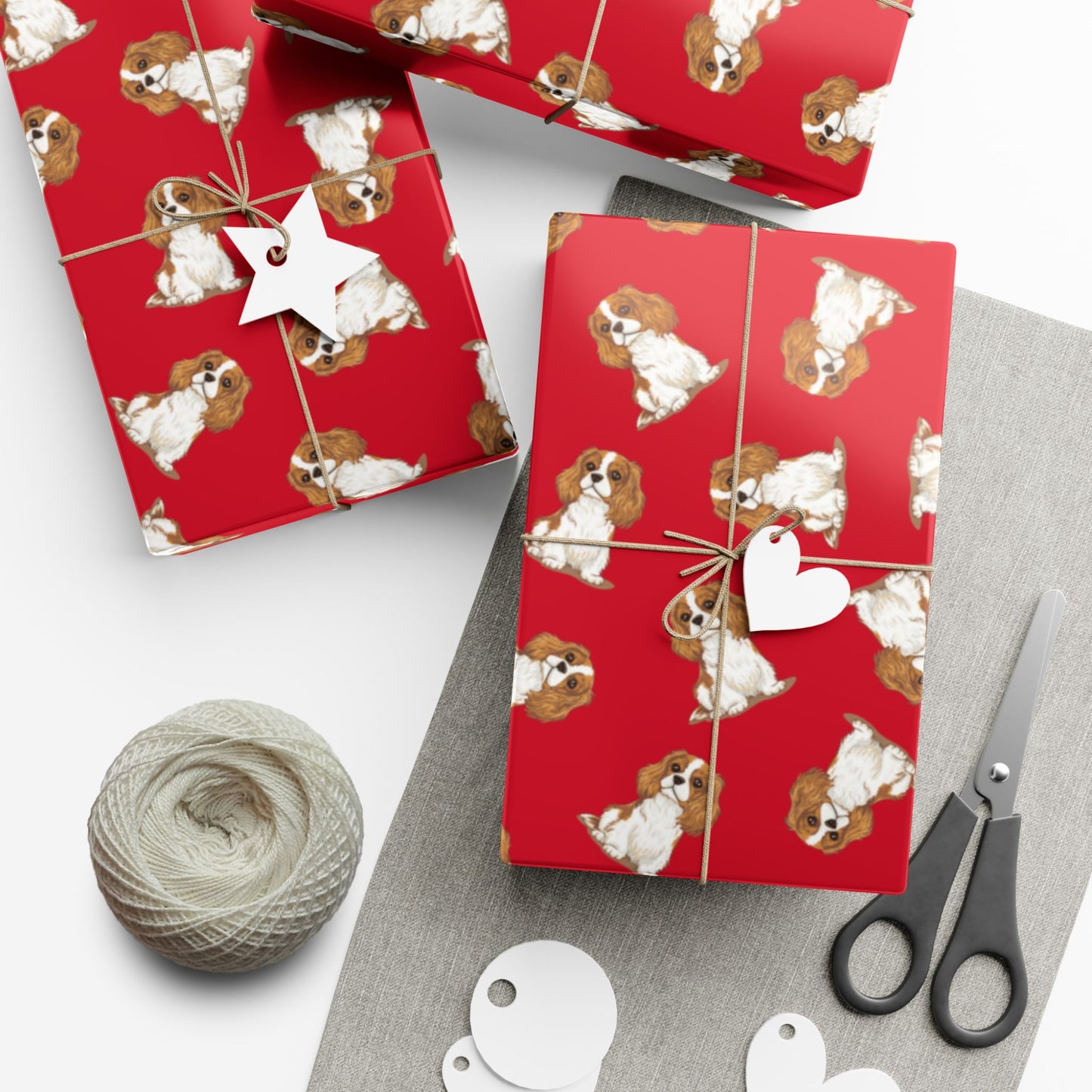 Blenheim Cavalier King Charles Spaniel Dog Wrapping Paper, Dogs Print, Red Gift Wrap, Birthday Holiday Anniversary Christmas
