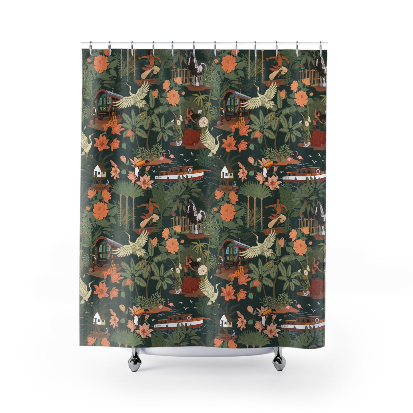 Tropical Nomad Jungle Birds Shower Curtain | Botanical Boat Floral Pattern Bathroom Decor 71"x74"