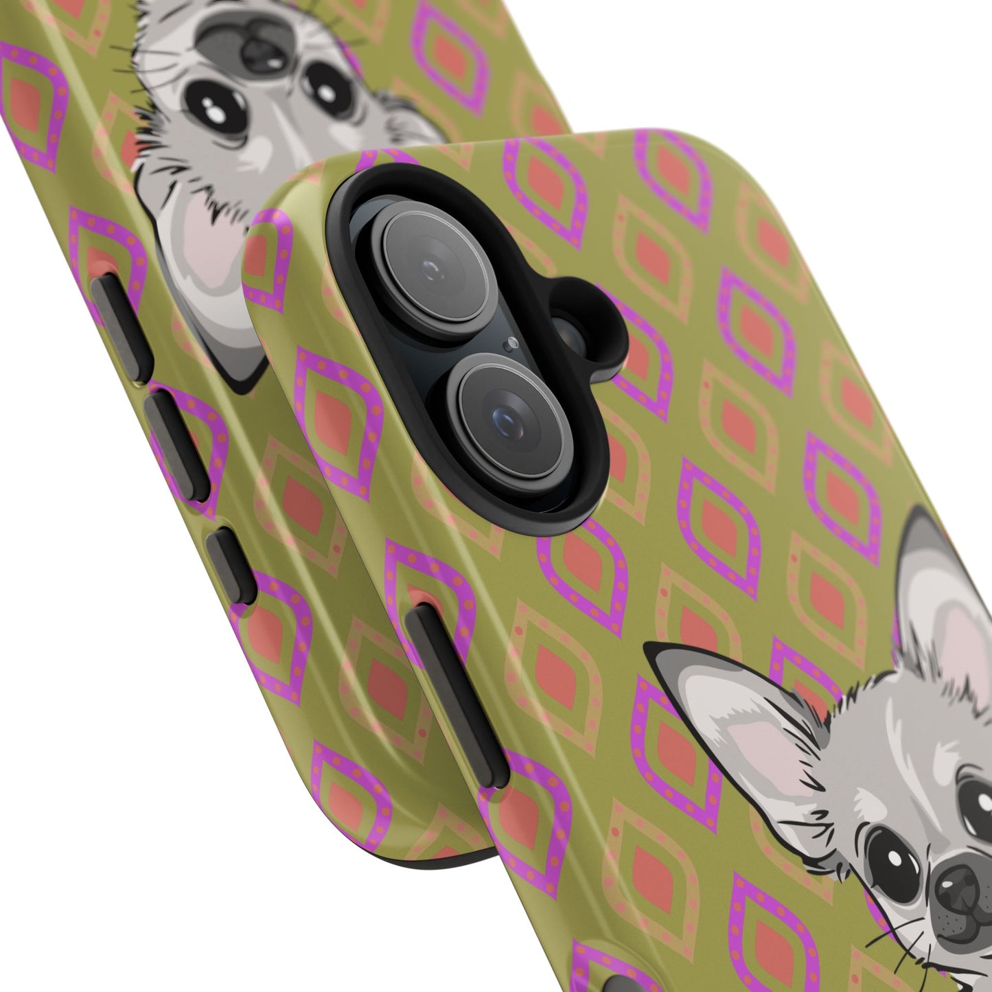 White Chihuahua Puppy Dog Phone Case, Tough Phone Cases Pet Dogs Retro Green  Pattern