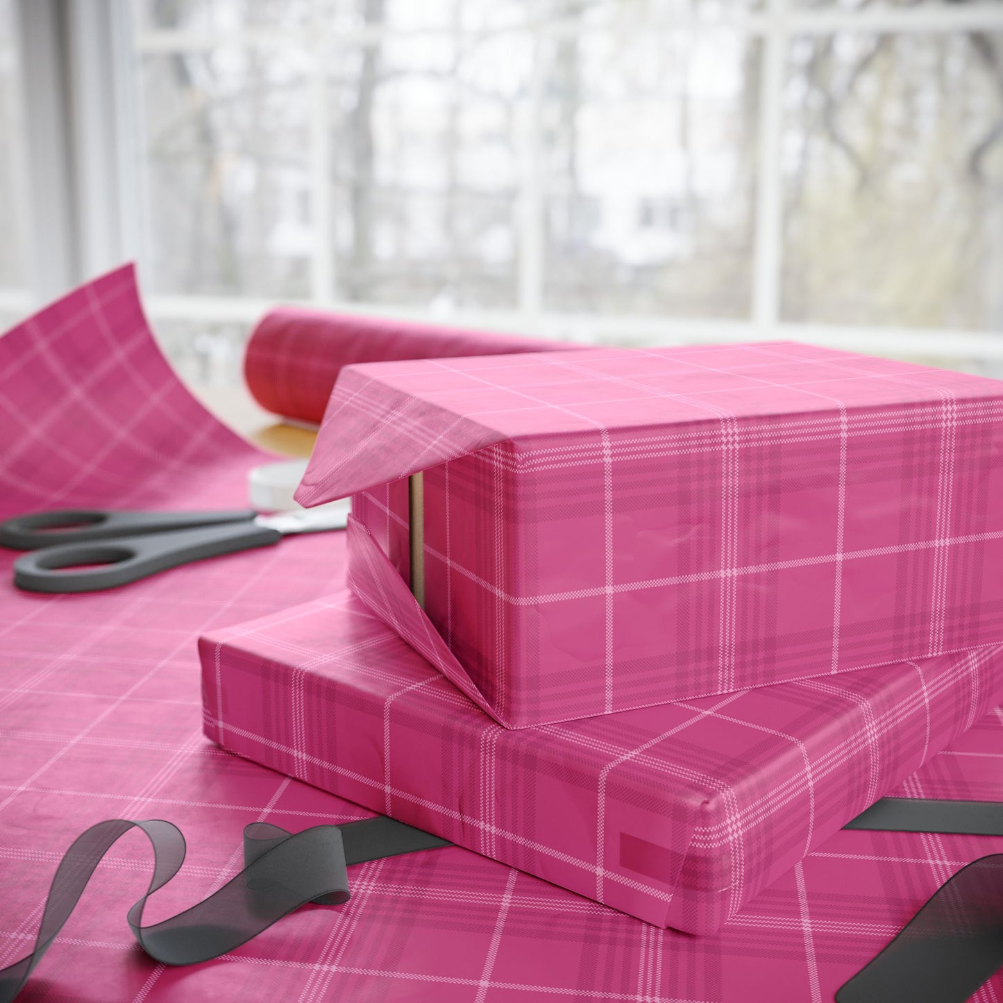 Pink Tartan Plaid Wrapping Paper Gift Wrap Roll, Holiday Birthday Christmas Valentine's Day, Matte Finish 30"×180"