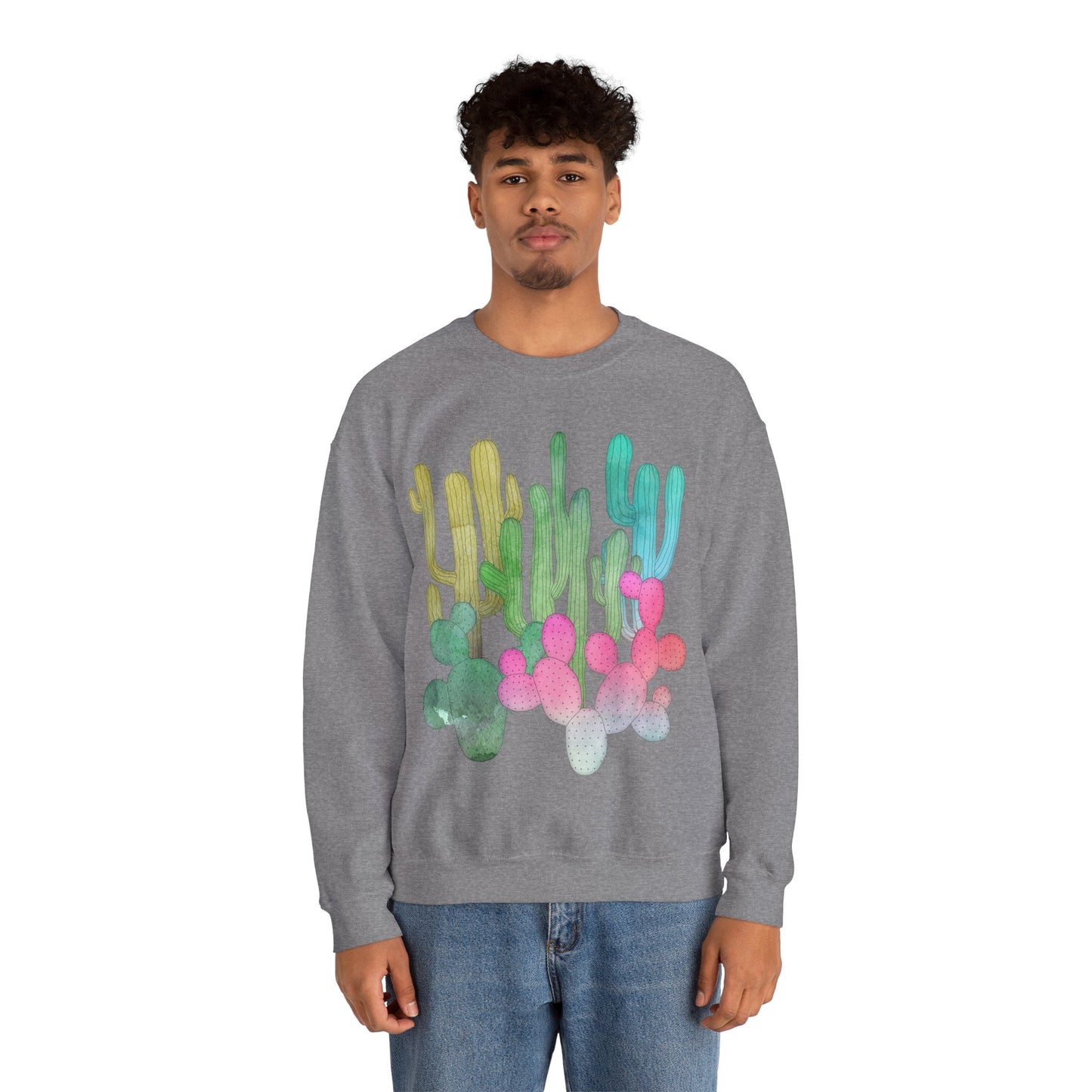 Cactus Garden Arizona Desert Crewneck Pullover Sweatshirt Colorful Saguaro Cactus Print