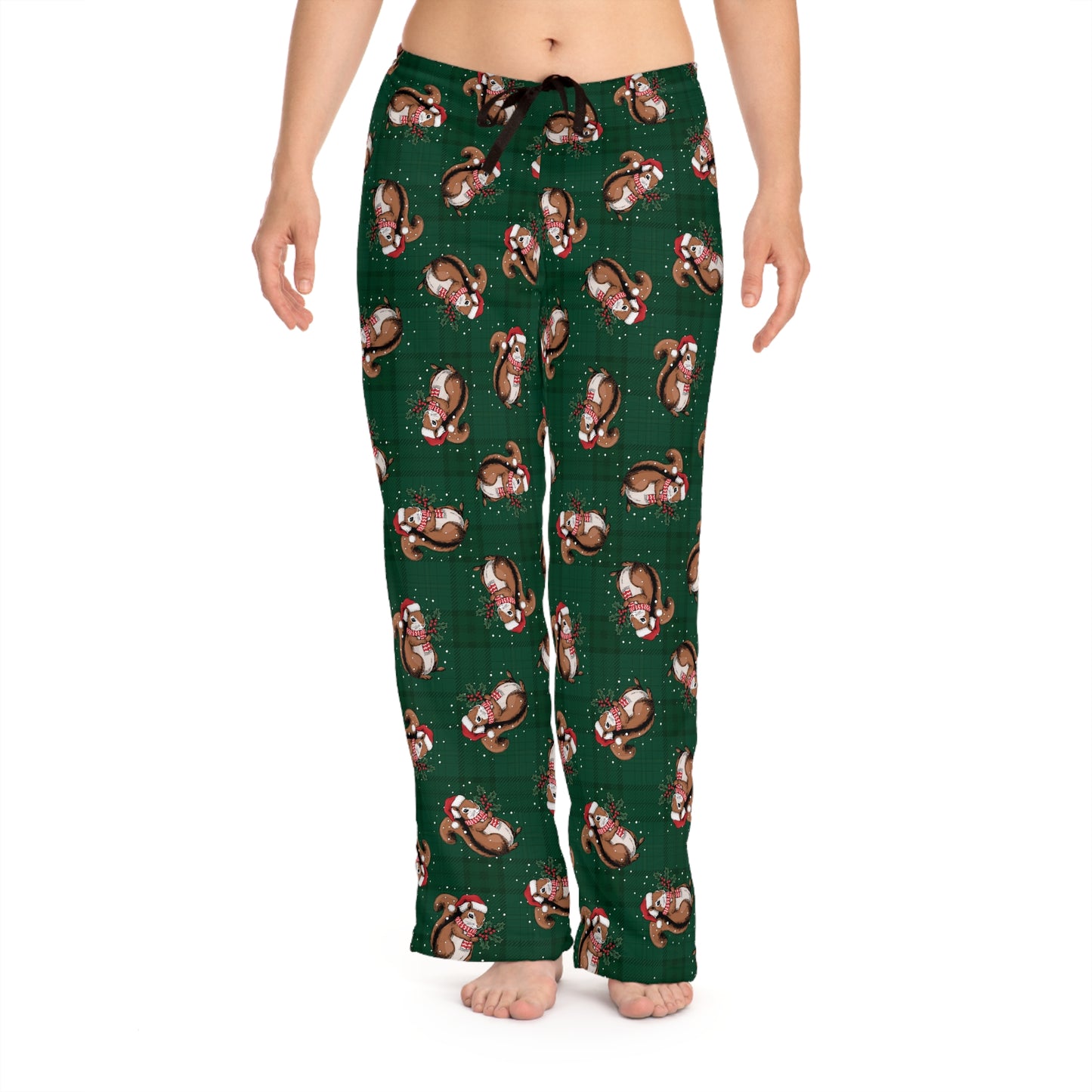 Christmas Squirrels Women's Christmas Pajama Pants, Santa Squirrel Plaid PJ Bottoms, Cozy Winter Loungewear, Matching Holiday Sleepwear