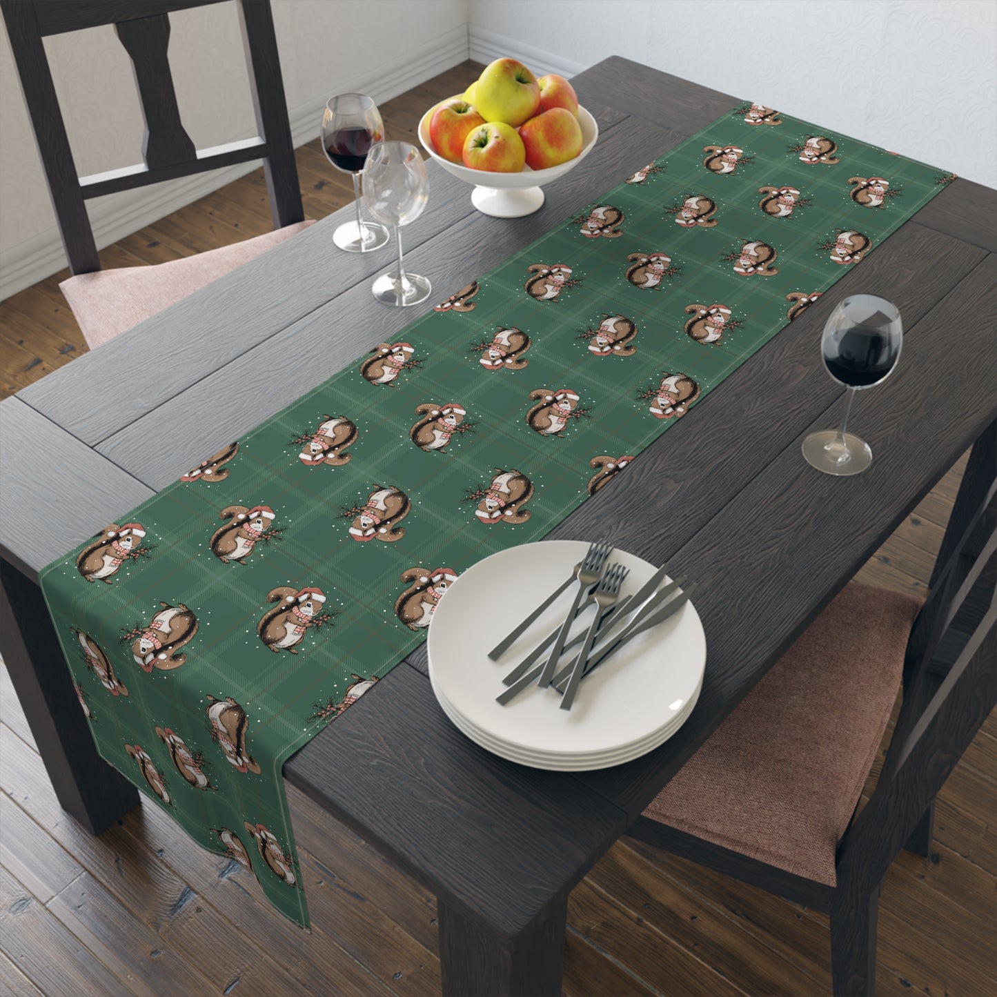 Festive Santa Squirrels Holiday Table Runner, Christmas Home Decor, Dining Tablecloth Linens, Green Plaid Squirrel Table Setting Runners