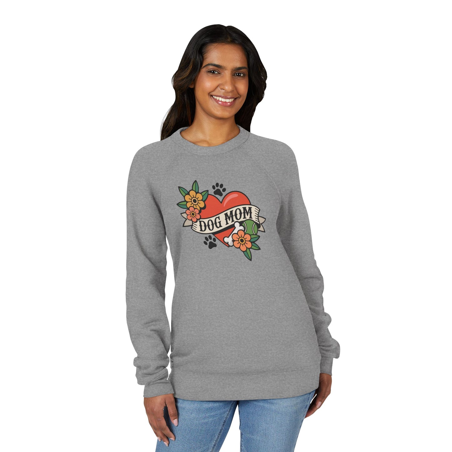 Dog Mom Heart Tattoo Style Raglan Sweatshirt | Pet Owner Childles Dog Lady Tattoos Floral Paw Print Design