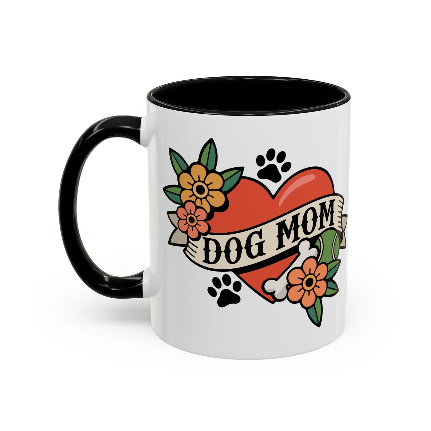 Dog Mom Heart Tattoo Design Black Accent Mug, 11oz Ceramic Tea Coffee Cup, Furbaby Dog Lady Pet Mugs