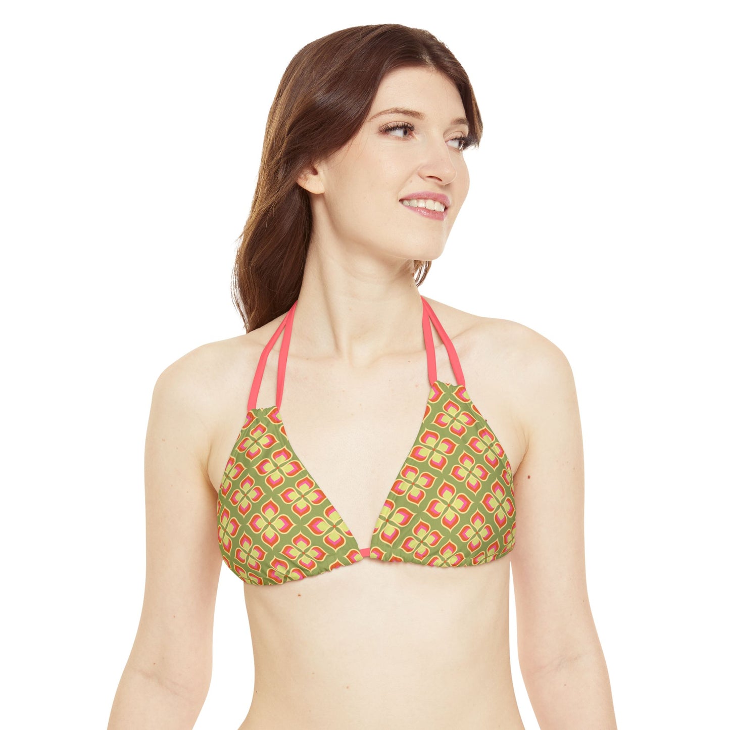 Vintage Vibes Retro Pattern Strappy Bikini Set - Green, Yellow, & Pink 2 Piece Women's Swimsuit in 70's Inspired Print