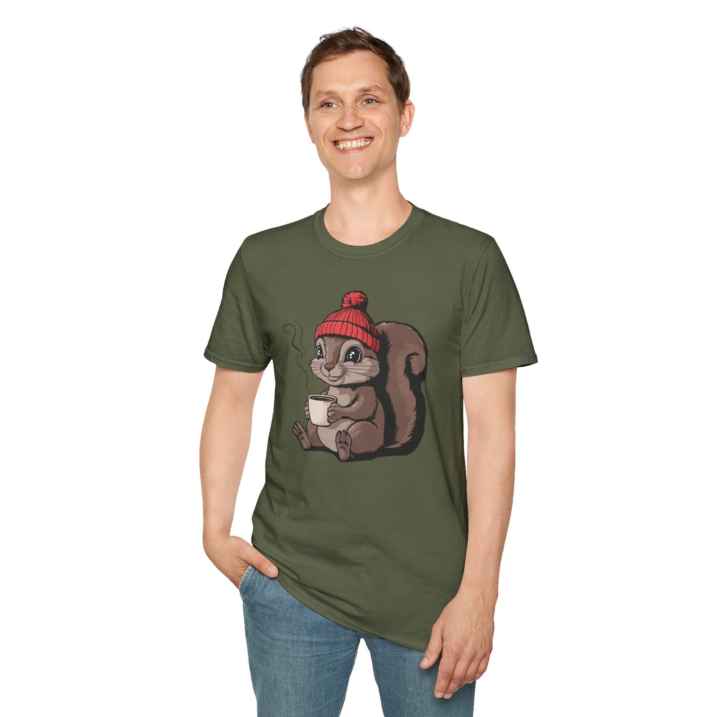 Cozy Squirrel Soft T-shirt Softstyle Tee with Squirrel in Beanie with Cup Of Coffee Graphic Print