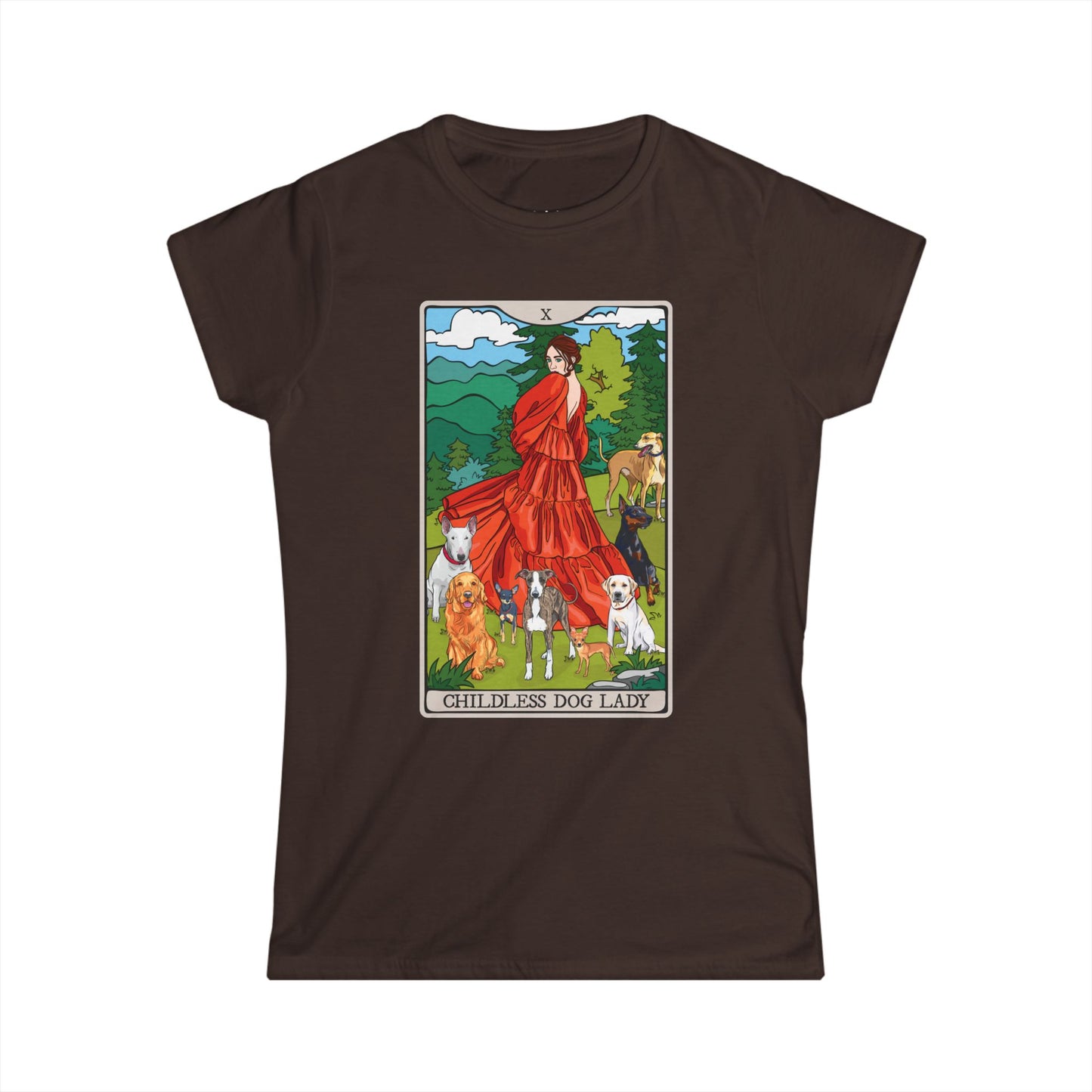 Childless Dog Lady Tarot Card Women's Fitted T-shirt Child-Free Dog Mom Tee with Woman and Dogs Design