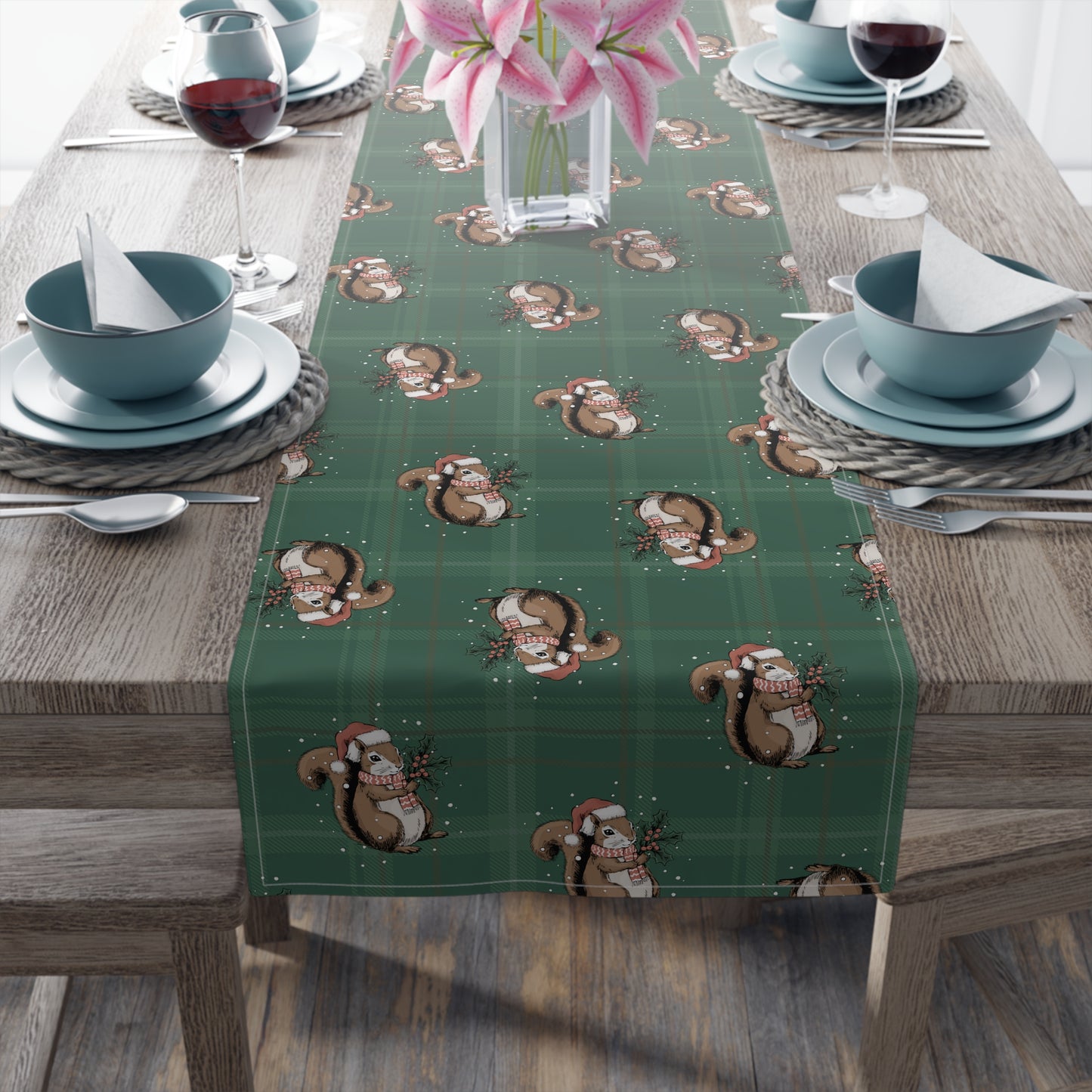 Festive Santa Squirrels Holiday Table Runner, Christmas Home Decor, Dining Tablecloth Linens, Green Plaid Squirrel Table Setting Runners