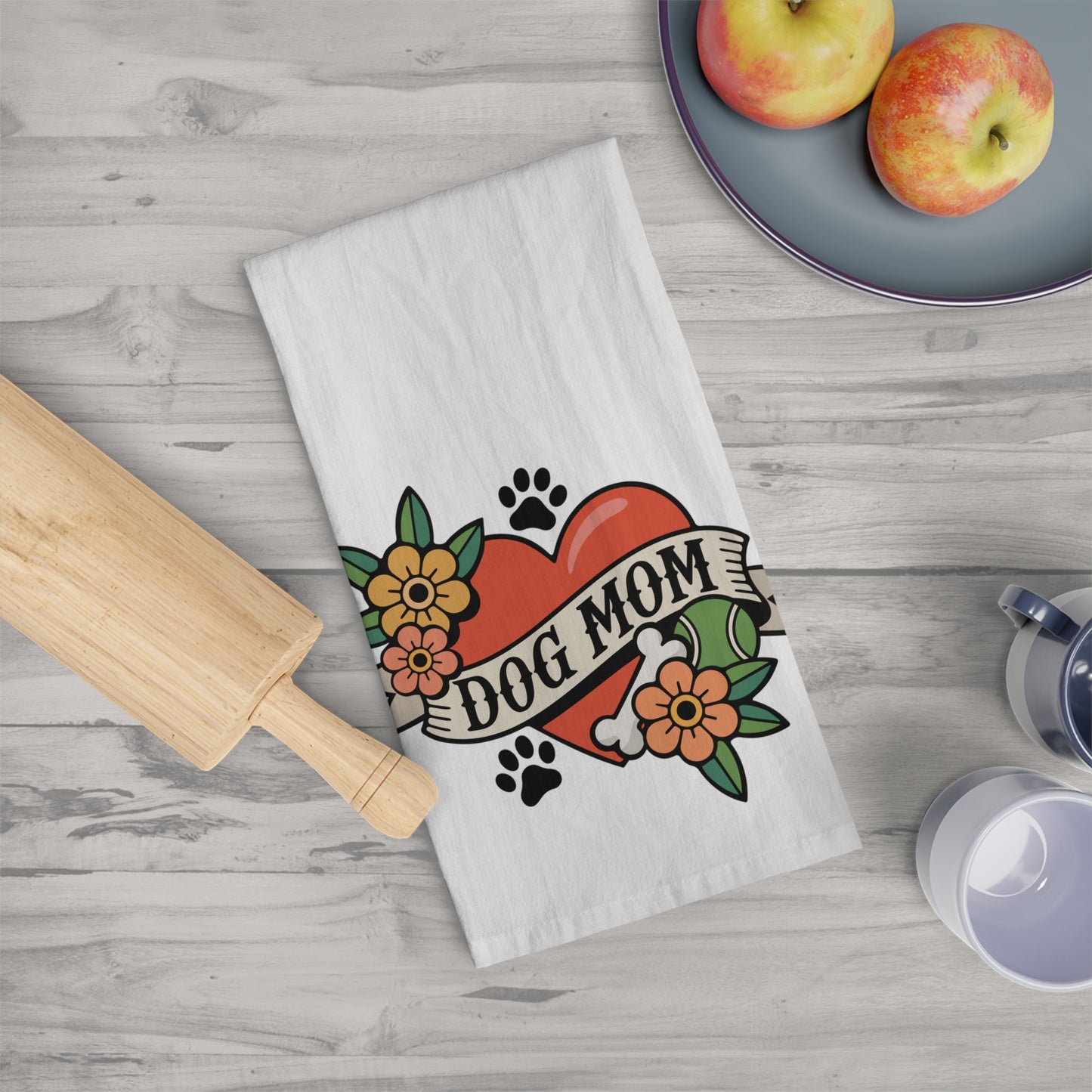 Dog Mom Heart Tattoo Tea Towel | Dogs Paw Prints, Floral Kitchen Hand Towels, Childless Dog Lady Vintage Tattoos Artwork