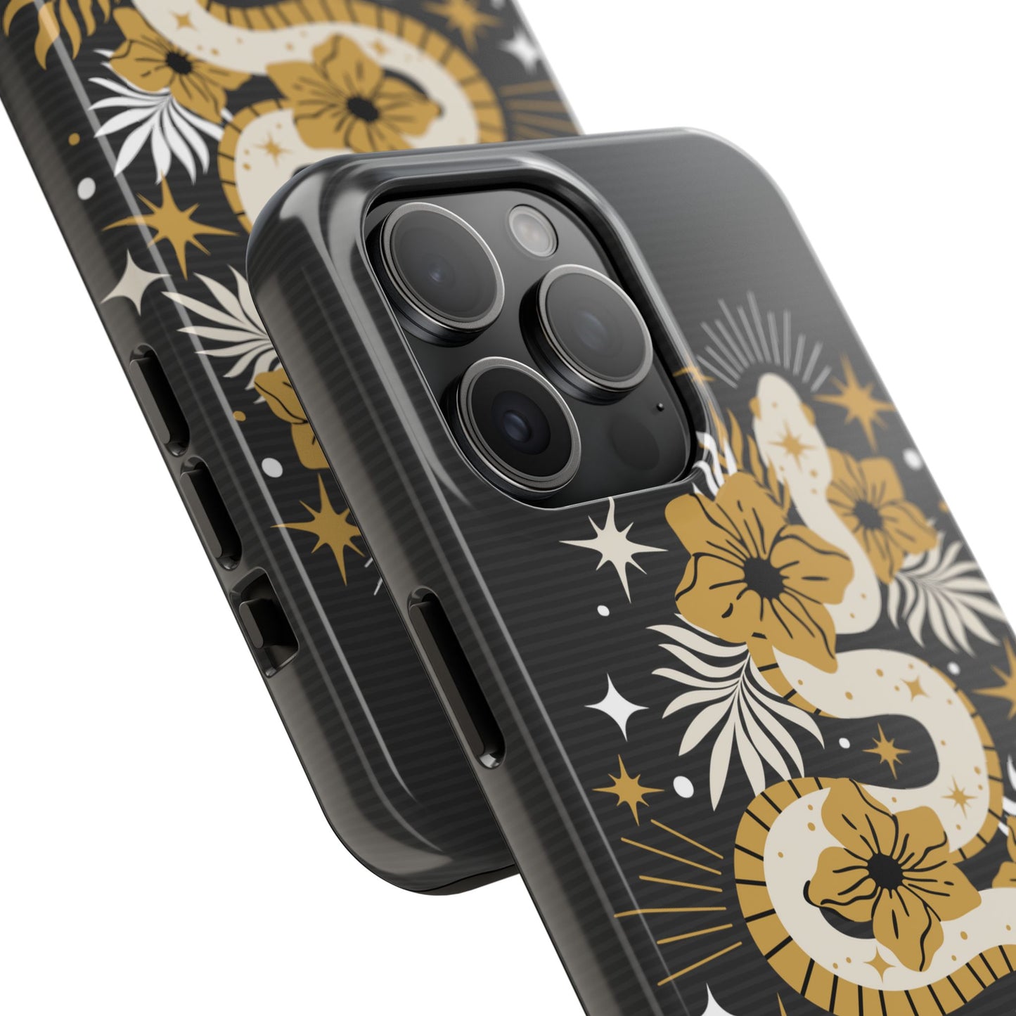 Mystic Snake Cell Phone Case, Black Tough Cases, Protective Floral Golden Serpent Boho Design