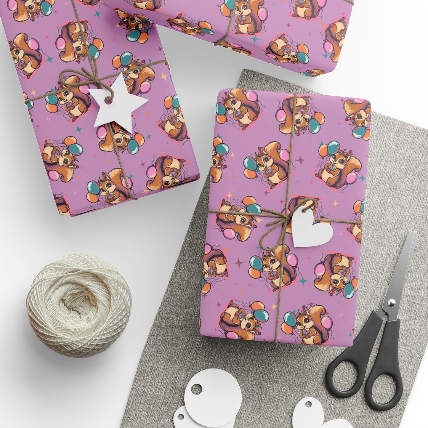 Happy Birthday Party Squirrel Gift Wrap, Cute Purple Squirrels Balloons Cupcake Wrapping Paper Celebration Squirrels B-day Gift