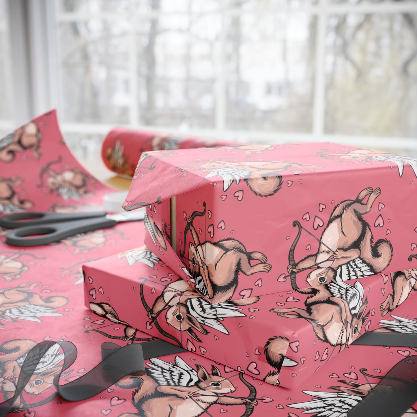Cupid Squirrel Valentine's Day Gift Wrap Pink Cupid Squirrels Valentine Hearts Wrapping Paper Romantic Love Cupid Squirrels Gift