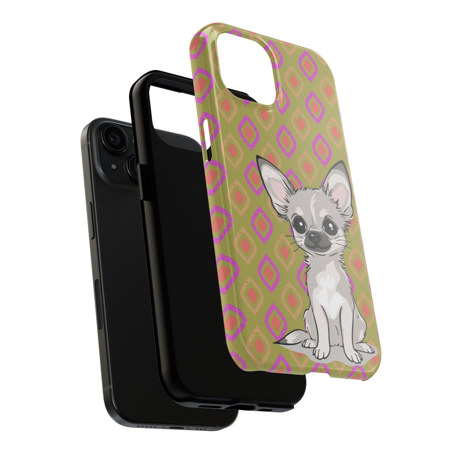 White Chihuahua Puppy Dog Phone Case, Tough Phone Cases Pet Dogs Retro Green  Pattern