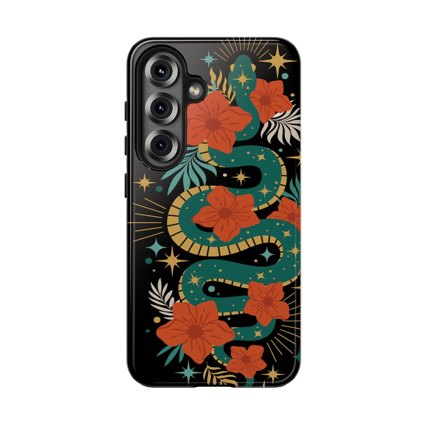Mystic Snake Cell Phone Case, Black Tough Phone Cases Boho Serpent Snakes Floral Design