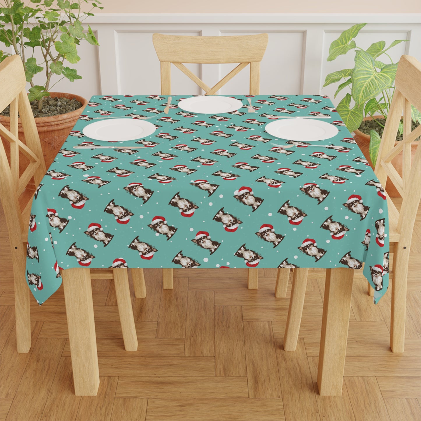 Christmas Long Haired Chihuahua Dog Tablecloth, Holiday Table Decor, Santa Dog Table Cloth, Festive Home Decor, Winter Party Table Setting