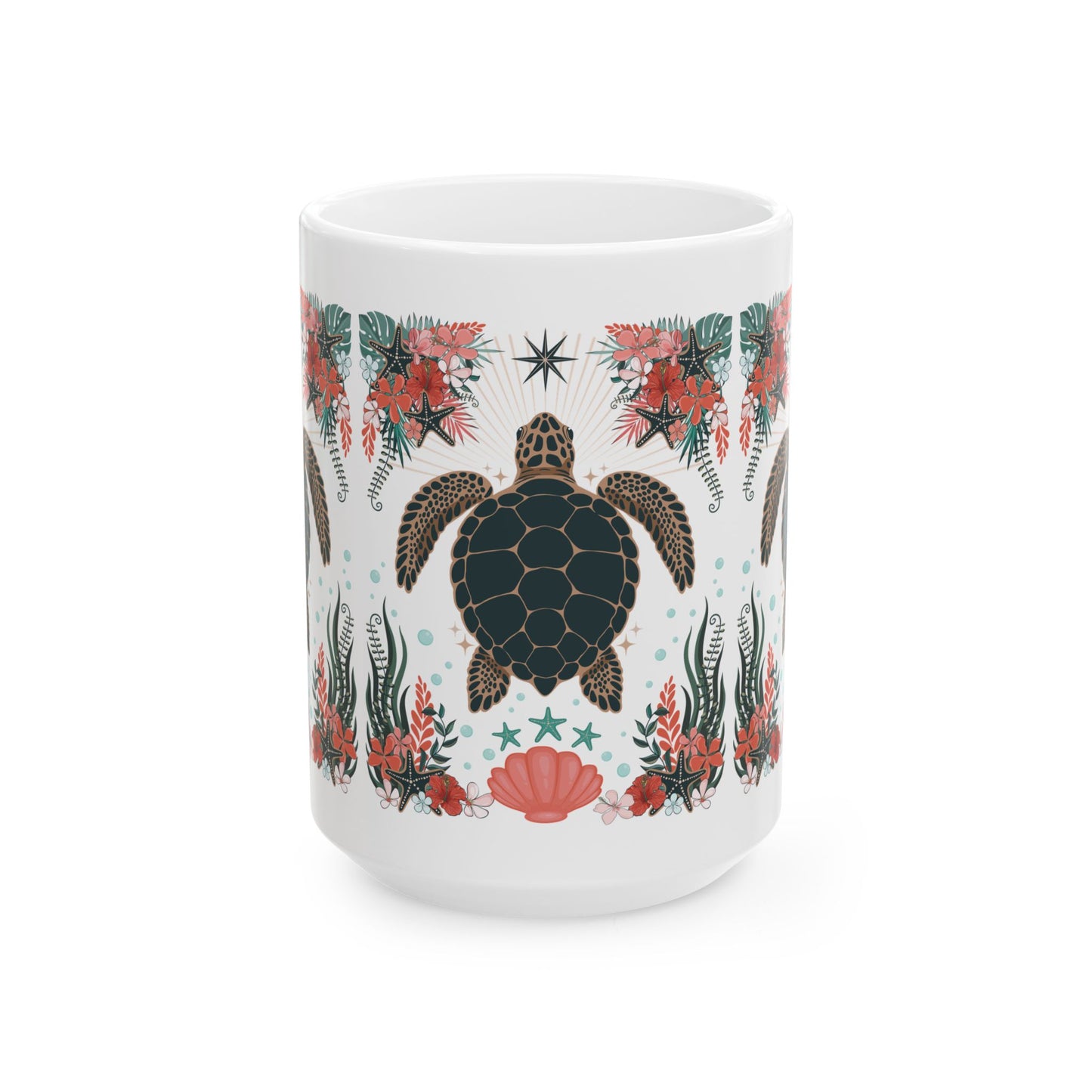 Tropical Sea Turtle Illustration Mug | Hawaiian Floral Marine Life Ceramic Coffee Mugs 15oz, Starfish, Coral, Shells, Flowers