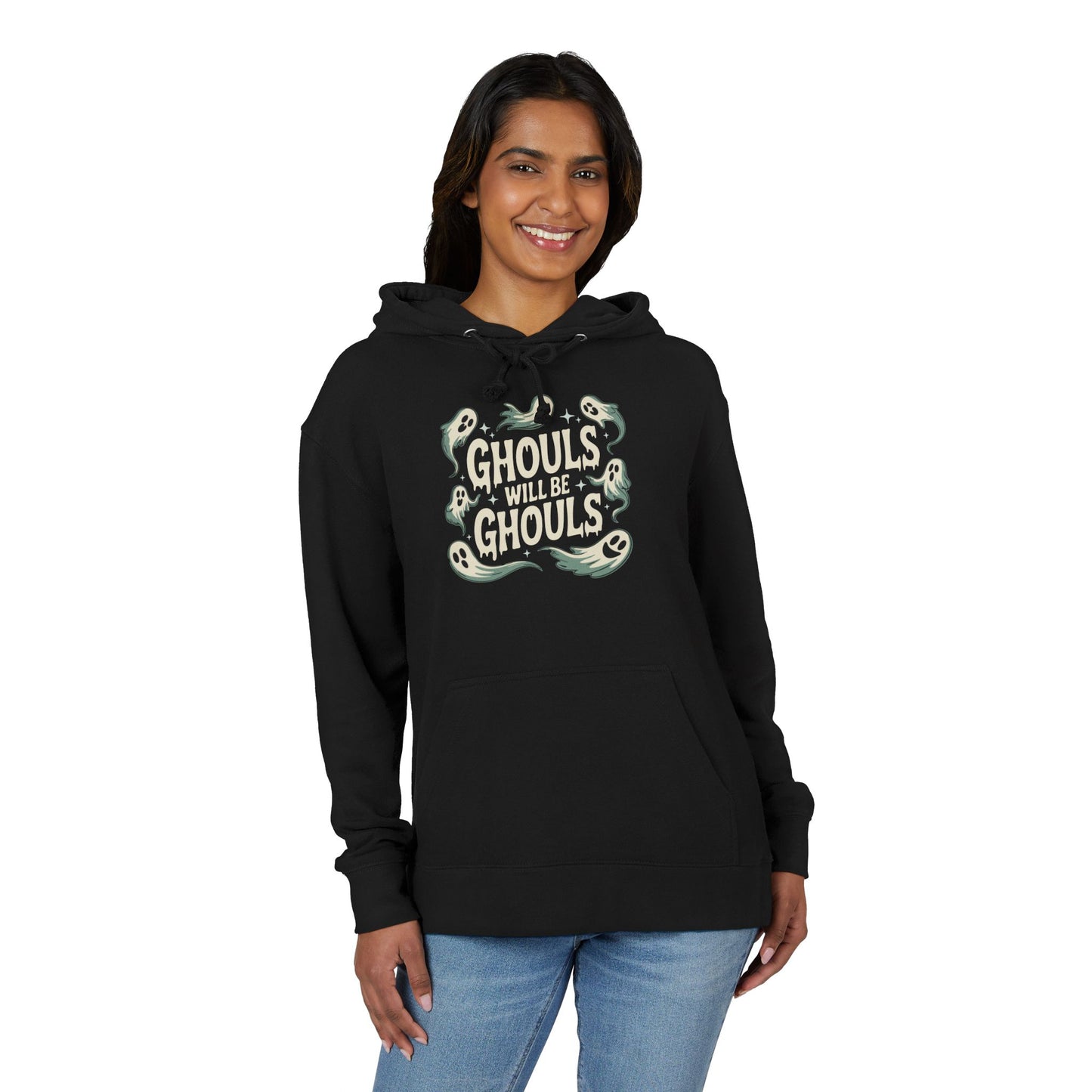 Ghouls will be Ghouls Halloween Ghost Pullover Hoodie, Spooky French Terry Hooded Sweatshirt, Goth Black Ghost Design Halloween Hoodies