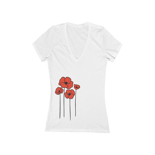 Poppy Flower Women's V-Neck Tee, Floral Poppies Ladies Shirt, Short Sleeve T-Shirts, Spring Summer Flowers Top, Gifts for Her
