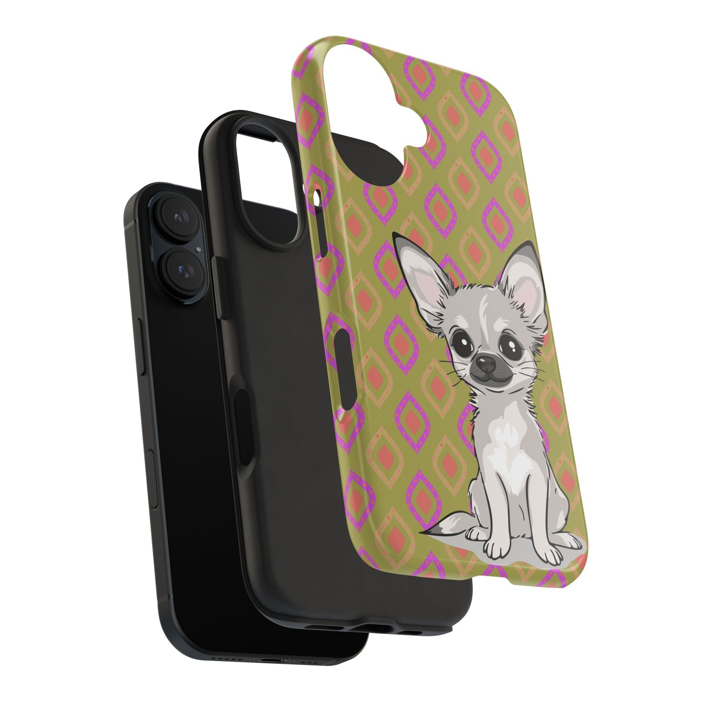White Chihuahua Puppy Dog Phone Case, Tough Phone Cases Pet Dogs Retro Green  Pattern