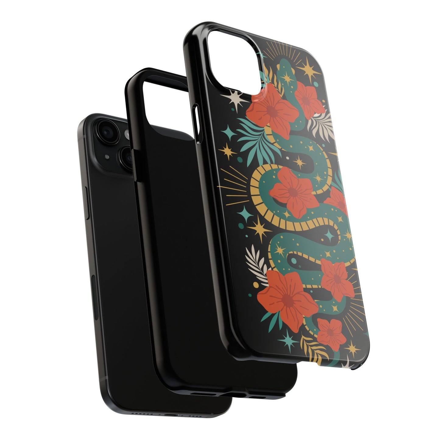 Mystic Snake Cell Phone Case, Black Tough Phone Cases Boho Serpent Snakes Floral Design