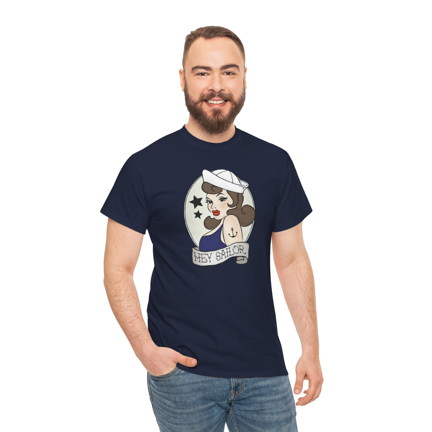 Hey Sailor Pinup Nautical Tattoo T-shirt Unisex Heavy Cotton Tee Mens Womens