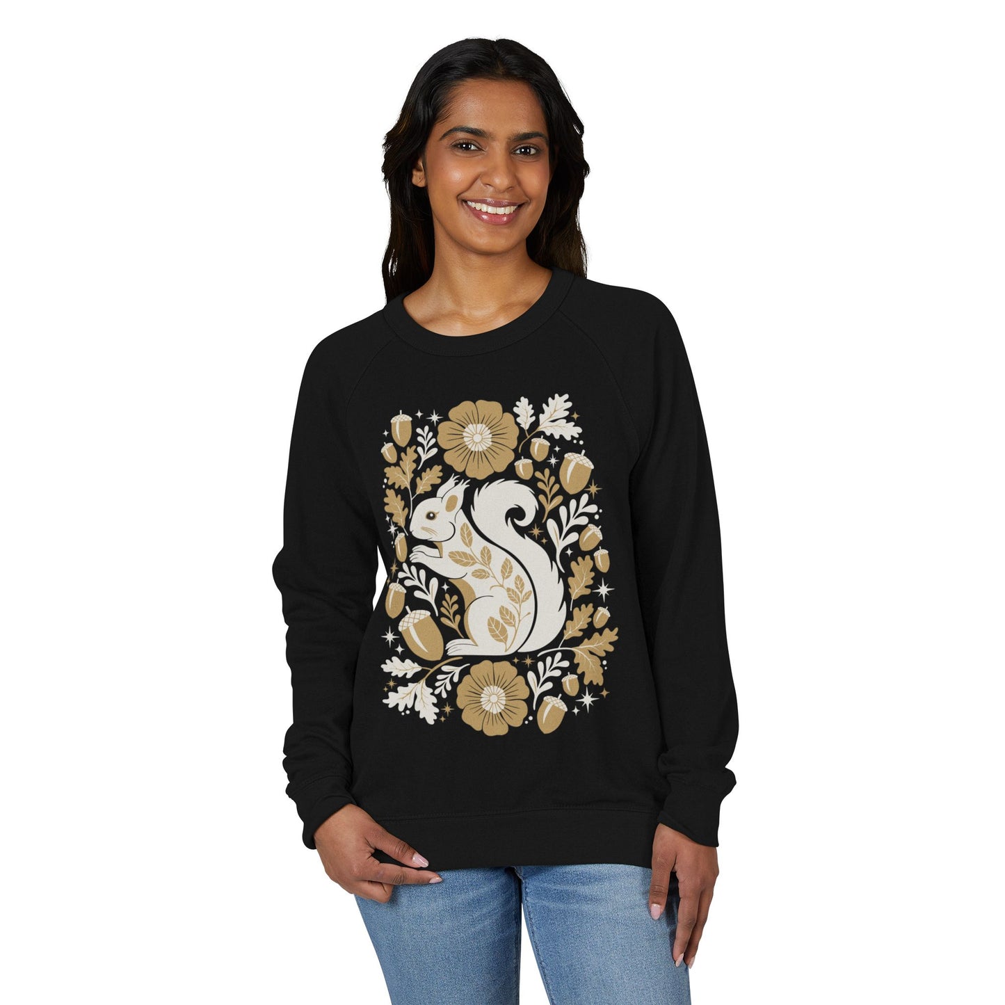 Woodland Floral Squirrel Crewneck Sweatshirt | French Terry Squirrels, Acorns, Leaves, Forest Animal Raglan Sweater