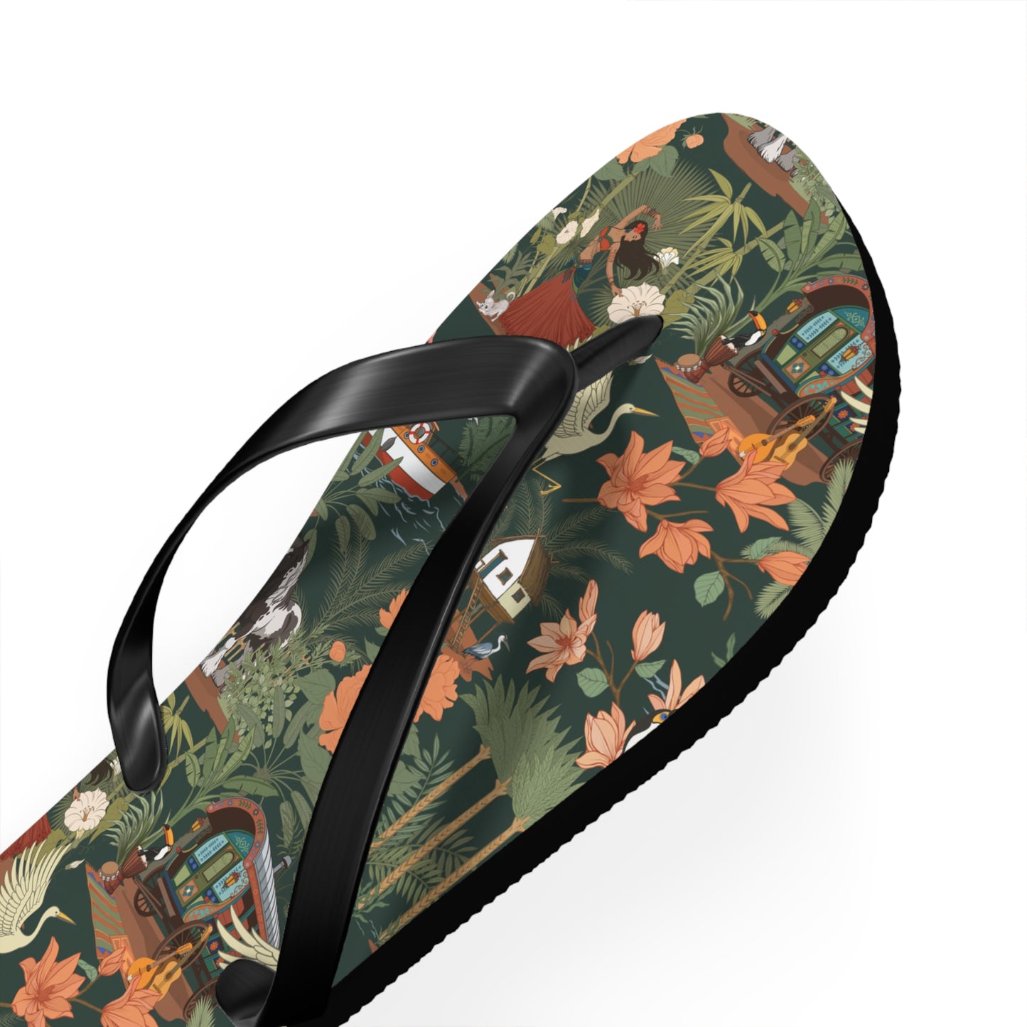 Tropical Nomad Floral Island Flip Flops | Vintage Travel Birds Pattern Sandals