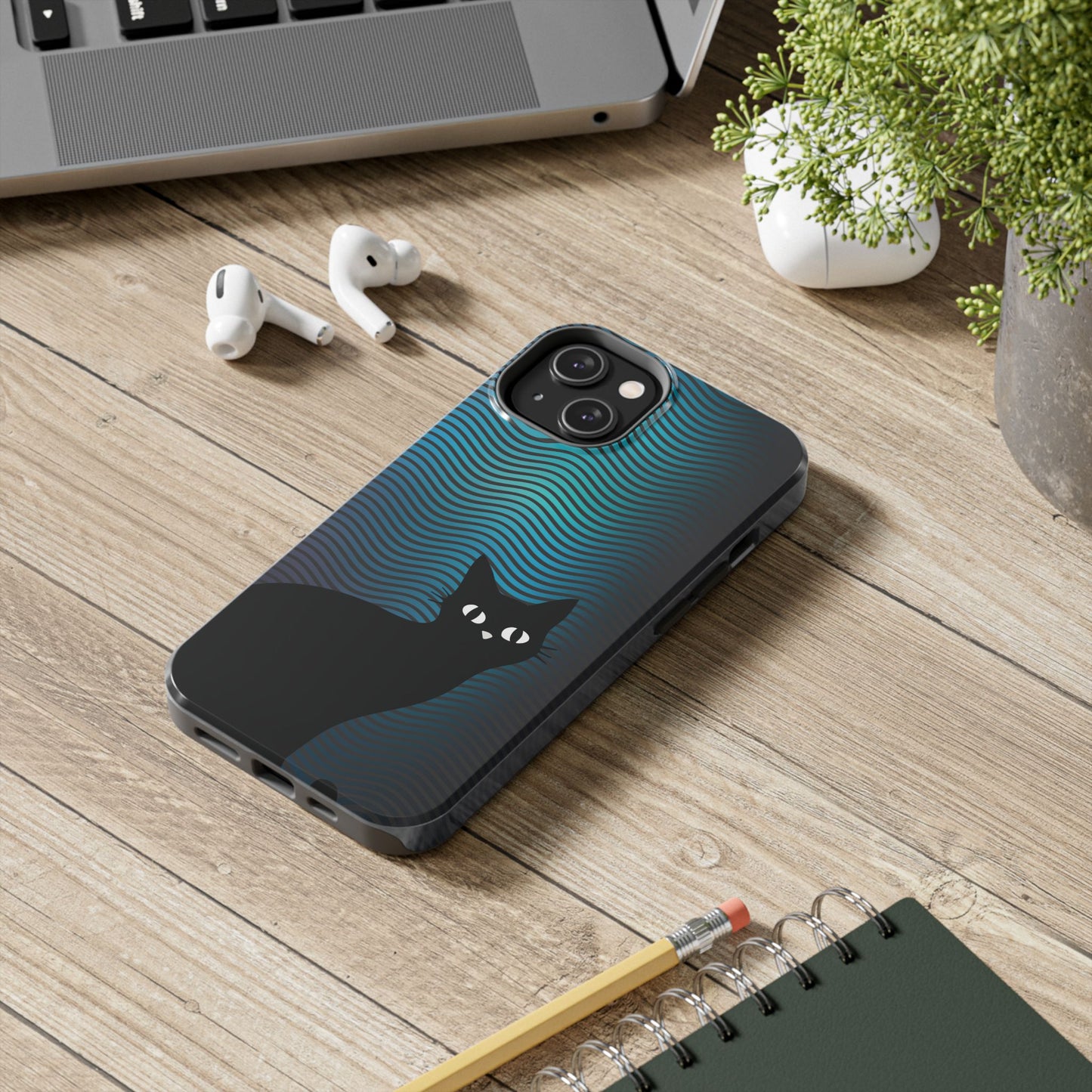 Black Cat Cell Phone Case | Peeking Kitty Graphic on Wavy Teal Background