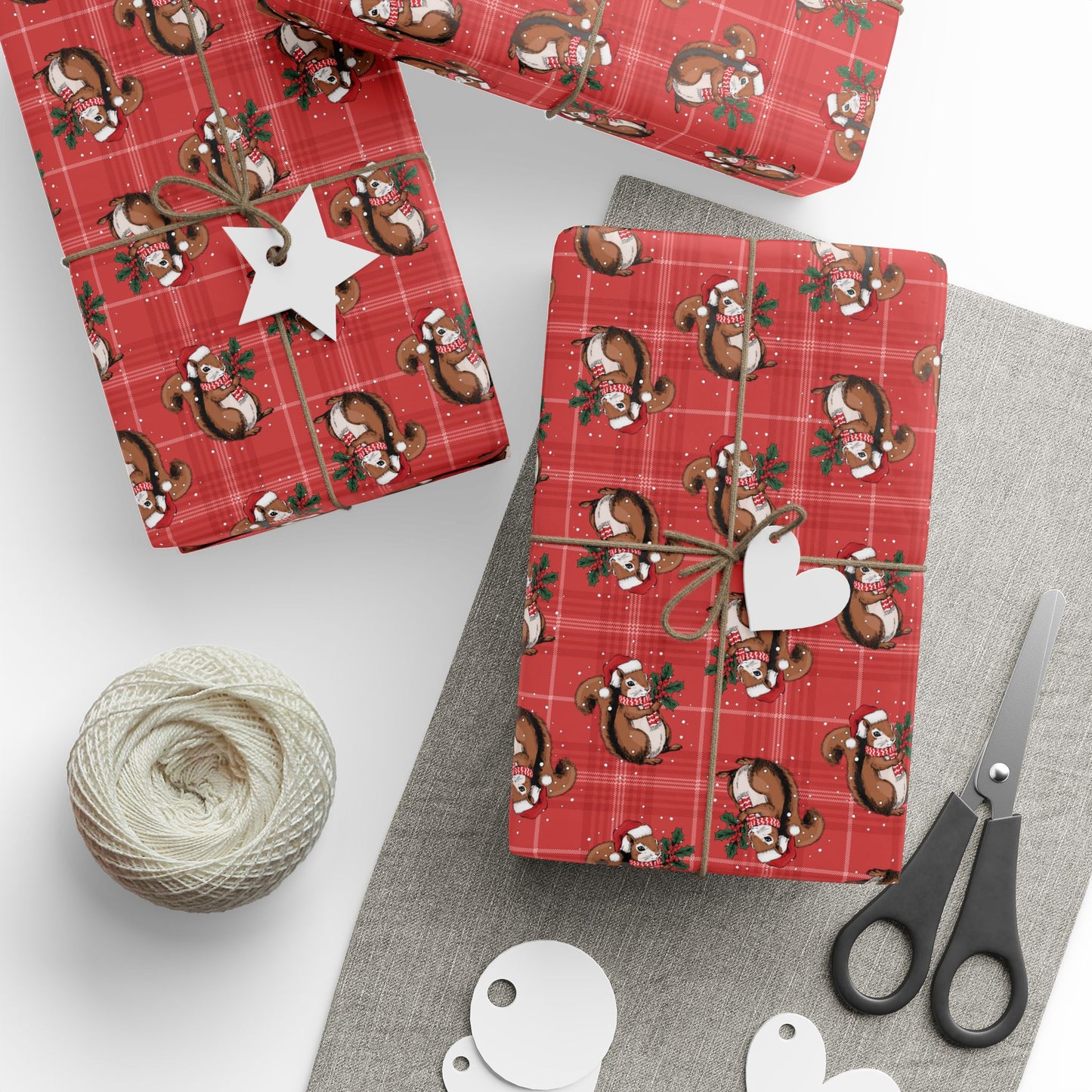 Christmas Squirrel Wrapping Paper, Red Plaid Glossy Holiday Gift Wrap Roll, Xmas Squirrels Festive Winter Gifts Supplies
