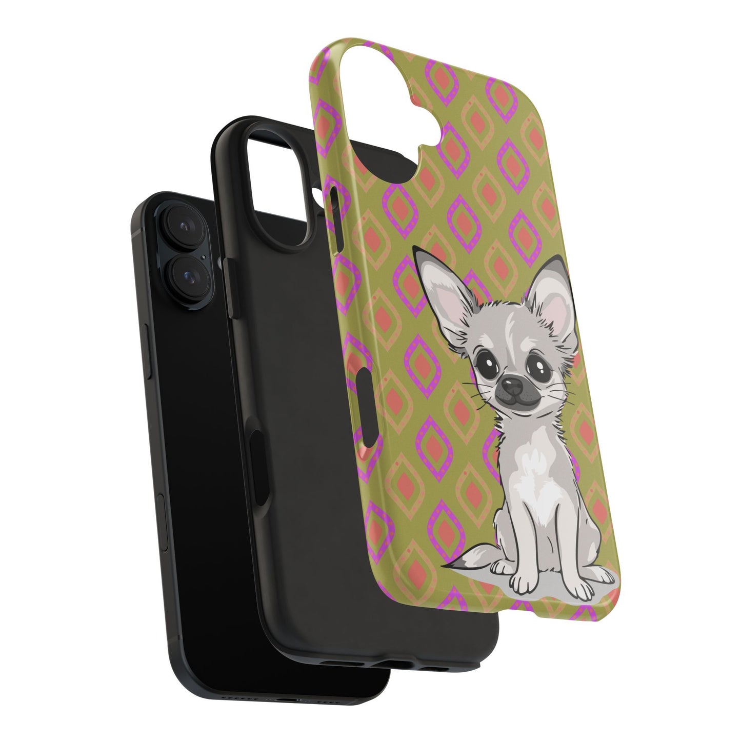 White Chihuahua Puppy Dog Phone Case, Tough Phone Cases Pet Dogs Retro Green  Pattern