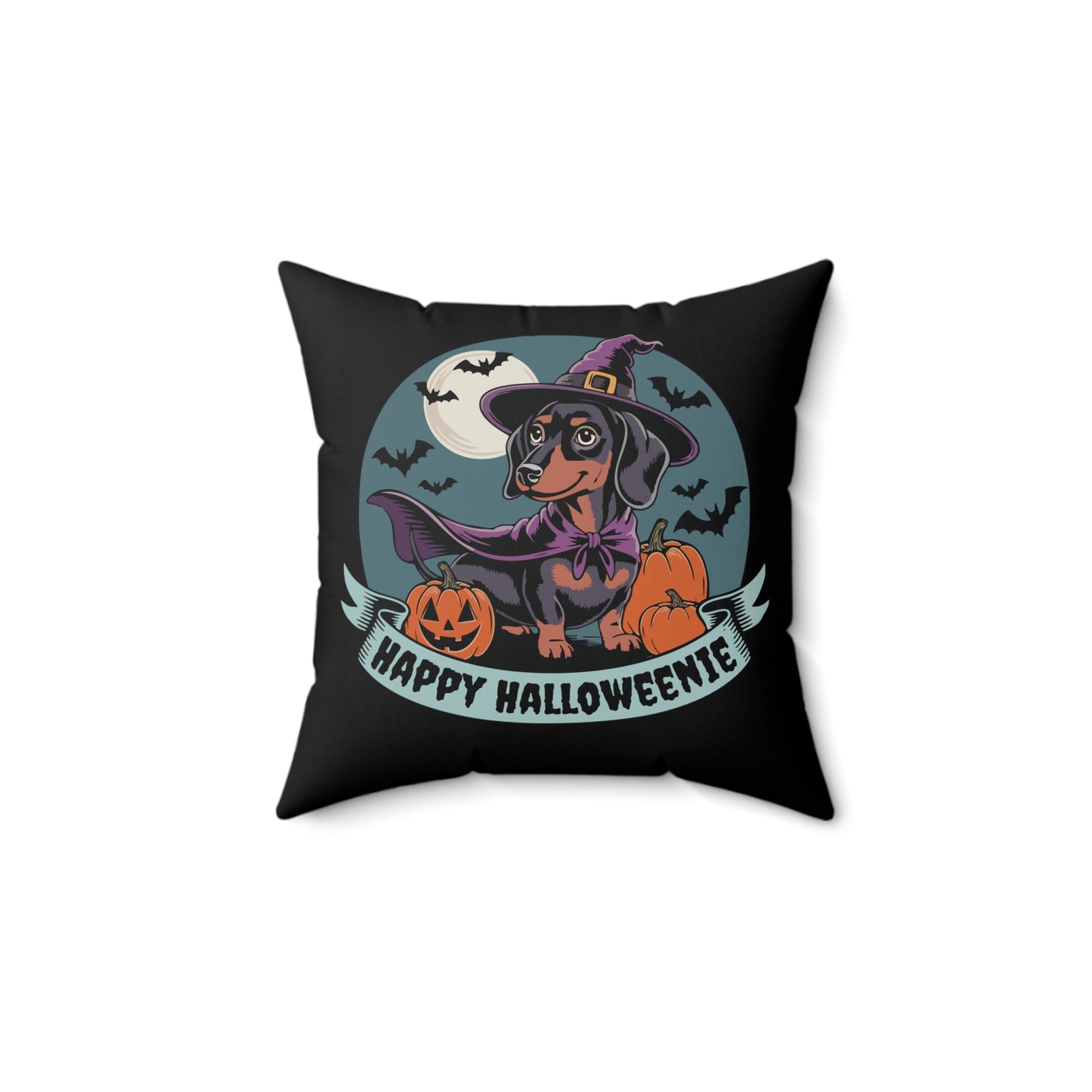 Happy Halloweenie Witchy Dachshund Halloween Throw Pillow, Wiener Dog Spooky Faux Suede Pillow & Cover, Gothic Fall Holiday Home Decor